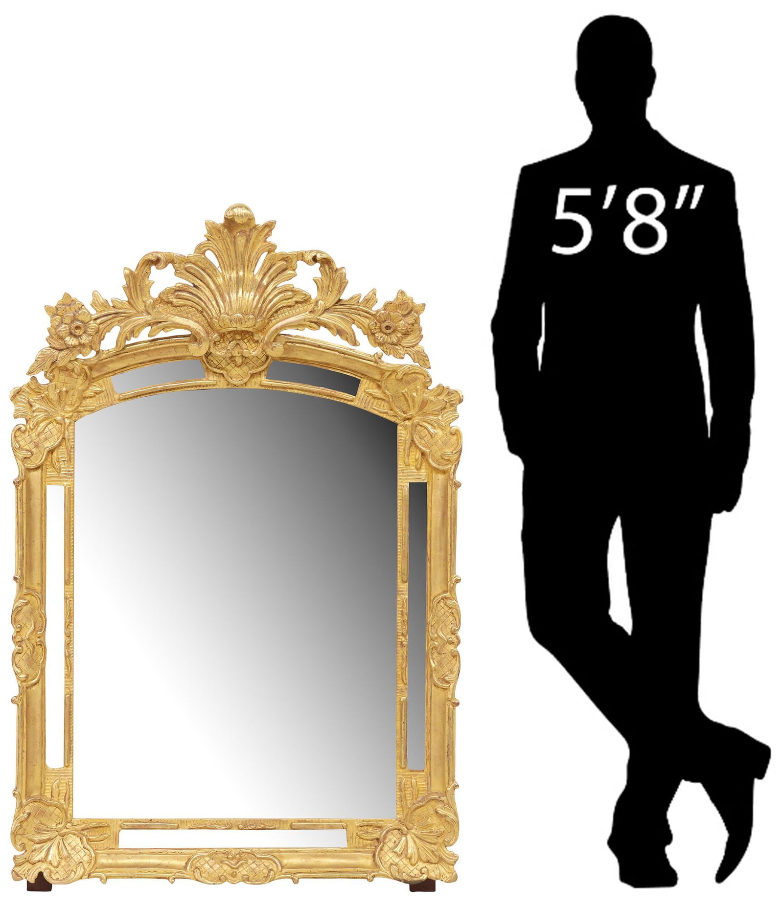 FRENCH LOUIS XV STYLE GILTWOOD CUSHION WALL MIRROR: French Louis XV style giltwood wall mirror, 19th c., having fanned rocaille crest flanked by foliates and floral motifs, above molded cushion frame, encasing flat mirror plate, scattered silver loss, 