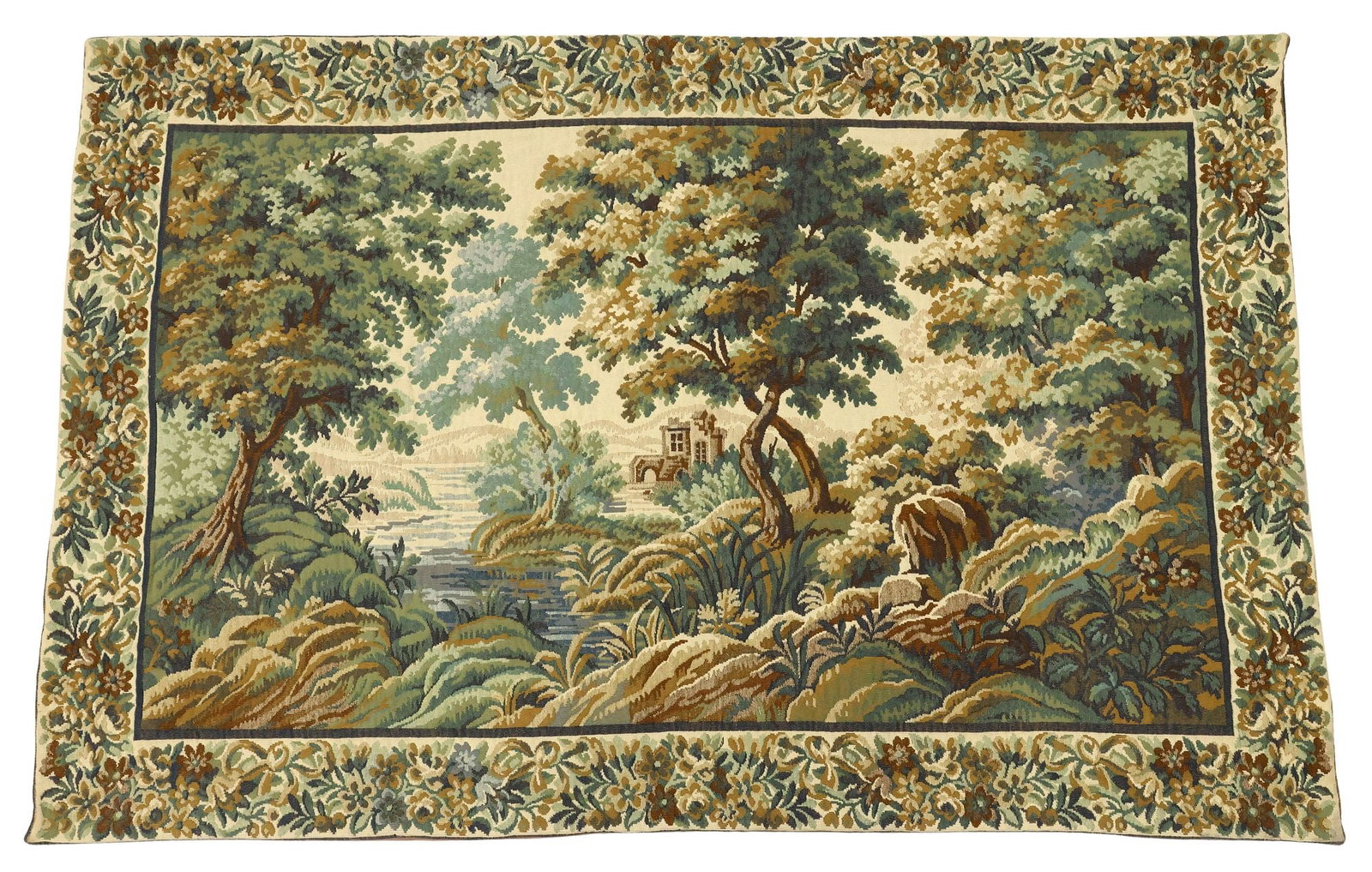 FRENCH AUBUSSON STYLE MACHINE-WOVEN VERDANT LANDSCAPE TAPESTRY (1 of 5)