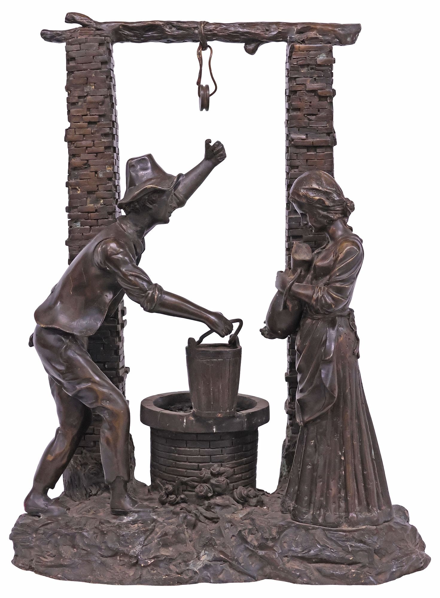 PATINATED BRONZE FIGURAL GROUP, MAN & WOMAN AT THE WELL, 22"H: Patinated bronze sculpture, Young Man and Woman at the Well, depicting a female water bearer holding an urn, beside a gentleman offering a bucket, on naturalistic base, apparently unsigned, approx 22.