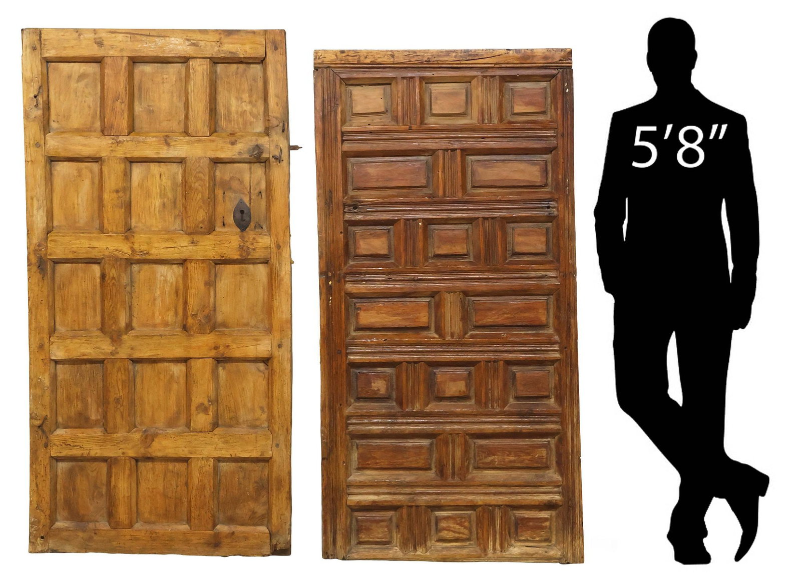 (2) RUSTIC SPANISH ARCHITECTURAL MIXED WOOD PANELED DOORS: (lot of 2) Architectural Spanish mixed-wood paneled doors, 19th c., (one) having a Cuarterones-style geometric panel structure, (one) retaining lock, largest: approx 66"h, 33"w **Provenance: Treasures