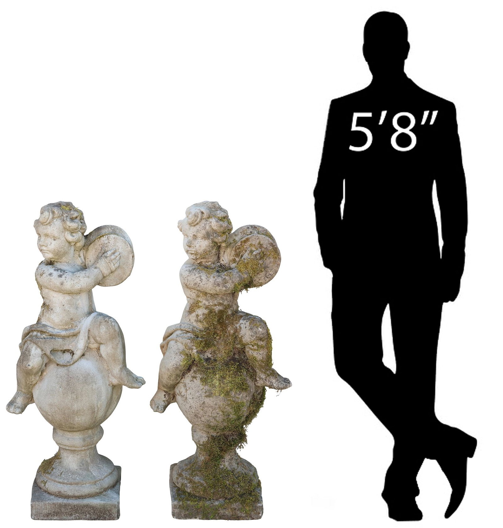 (2) ENGLISH CAST STONE GARDEN FIGURES, MUSICAL CHERUBS, 41"H: (pair) English cast stone garden sculptures, Musical Cherubs, each modeled as a putti holding an instrument aloft, on orb-form plinth, approx 41"h, 18"w, 12"d **Note: matching figure offered as a sing