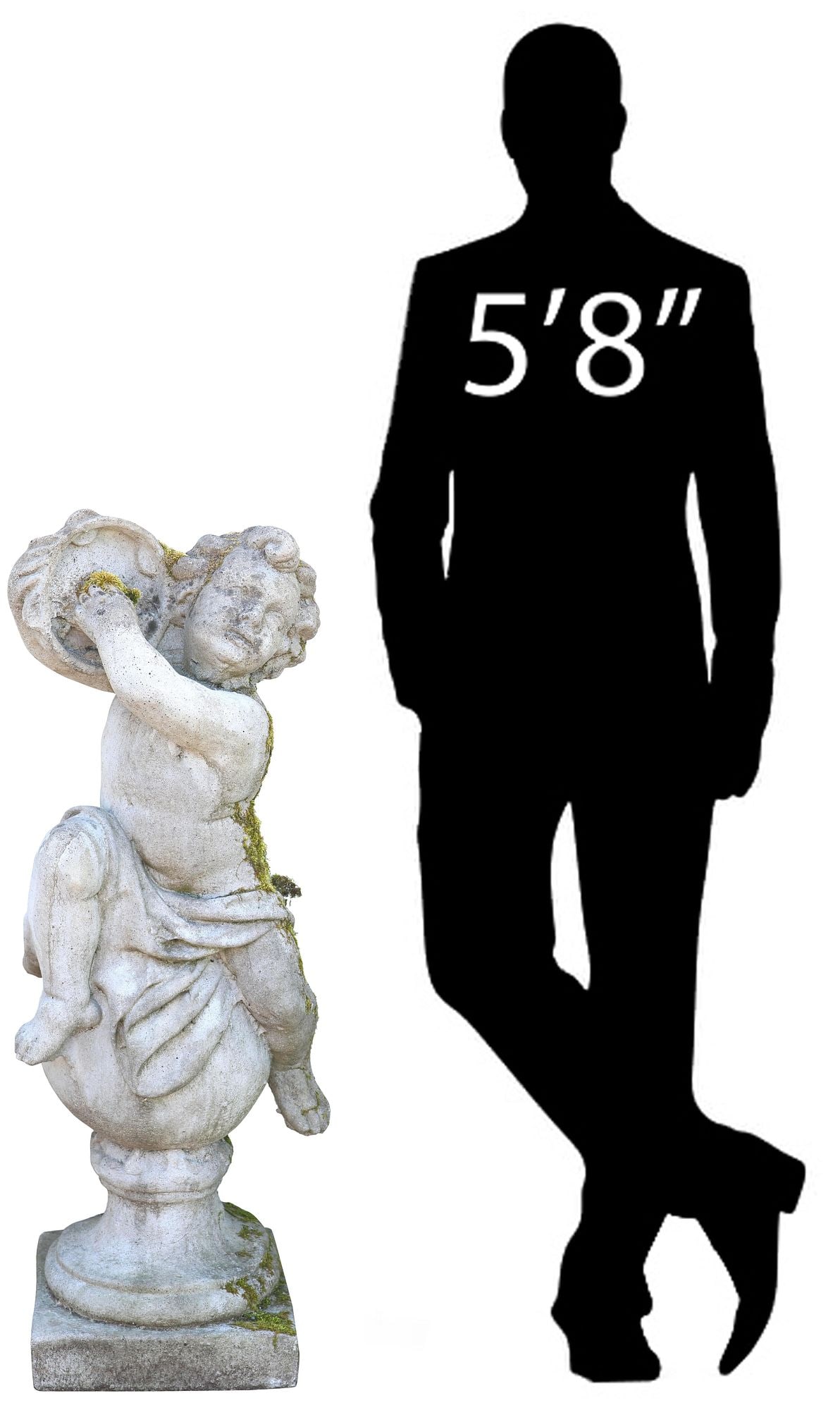 ENGLISH CAST STONE GARDEN FIGURE, MUSICAL CHERUB, 41"H: English cast stone garden sculpture, Musical Cherub, modeled as a putti holding an instrument aloft, on orb-form plinth, approx 41"h, 18"w, 12"d **Note: matching figures offered as a pa