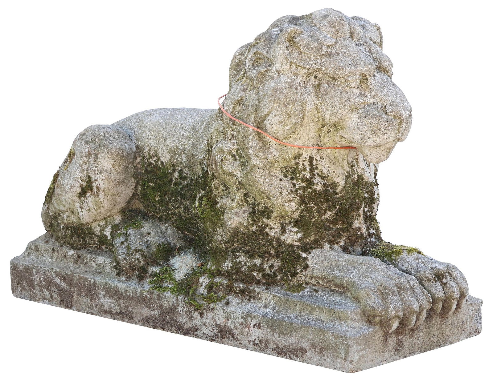 ENGLISH CAST STONE GARDEN STATUARY FIGURE, RECUMBENT LION: English cast stone garden sculpture, Recumbent Lion, on rectangular plinth, approx 20.5"h, 32"w, 11.5"d **PLEASE NOTE: All of the cast stone and garden pieces in this auction have inher