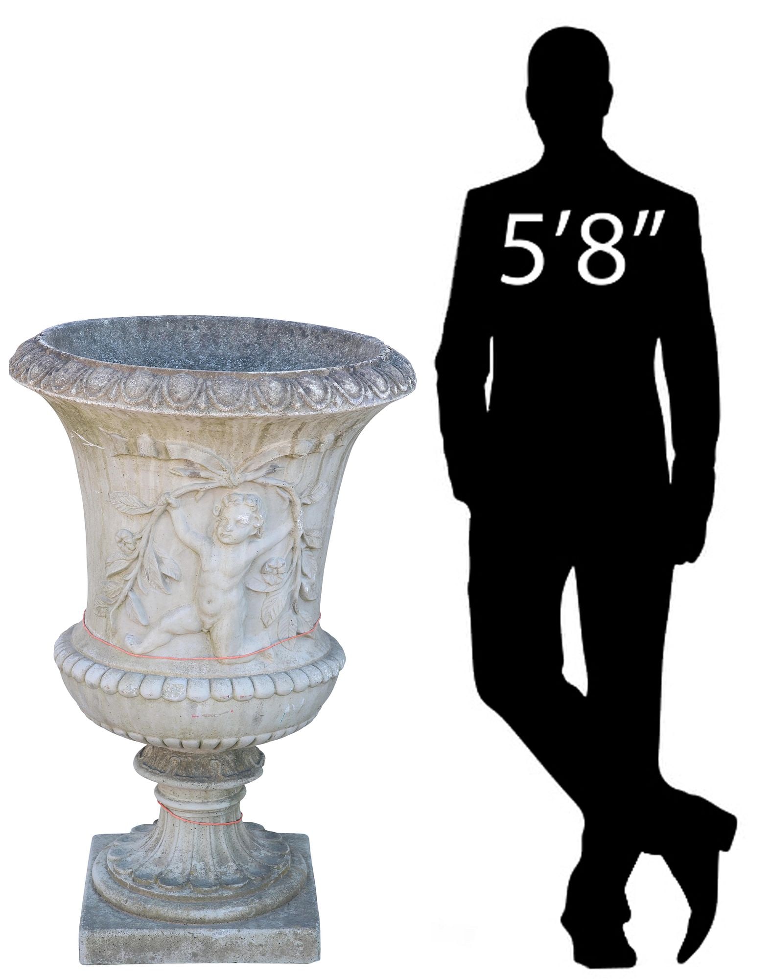 ENGLISH H. CROWTHER CAST STONE CAMPANA-FORM GARDEN URN, 46"H: English cast stone garden urn on plinth, H. Crowther Limited, 20th c., of campana form, with putti and vine motifs, rising on integral socle, weathered maker's mark to upper interior, approx 46"h, 26.