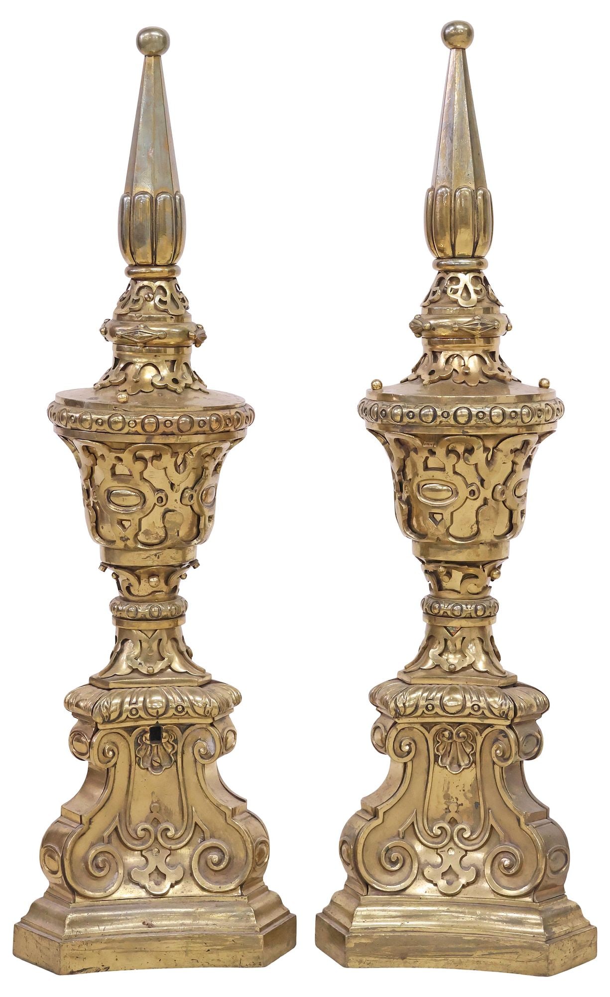 (2) LARGE VICTORIAN GILT-BRASS FIREPLACE ANDIRONS / ARCHITECTURAL FINIALS (1 of 4)