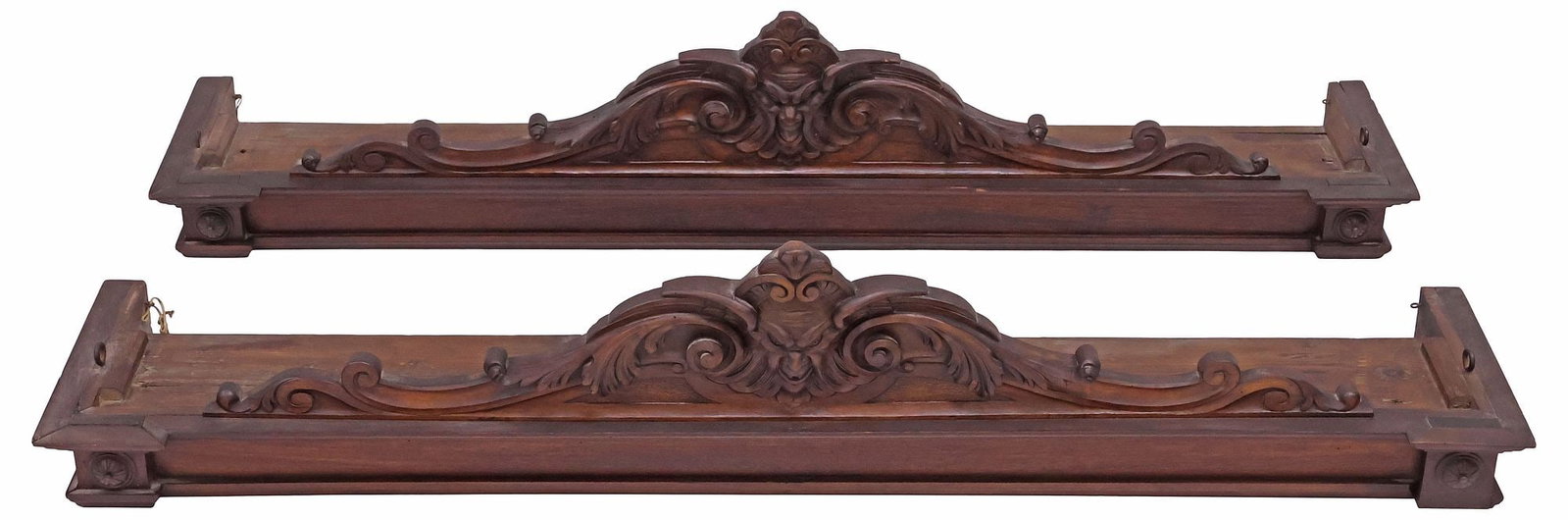 (2) ITALIAN RENAISSANCE REVIVAL CARVED WALNUT CURTAIN VALANCES: (pair) Italian Renaissance Revival carved walnut pelmets/ curtain valances, late 19th c., each having scrolled foliate crest with central grotesque mask, over rectangular cornice, approx 14"h, 62