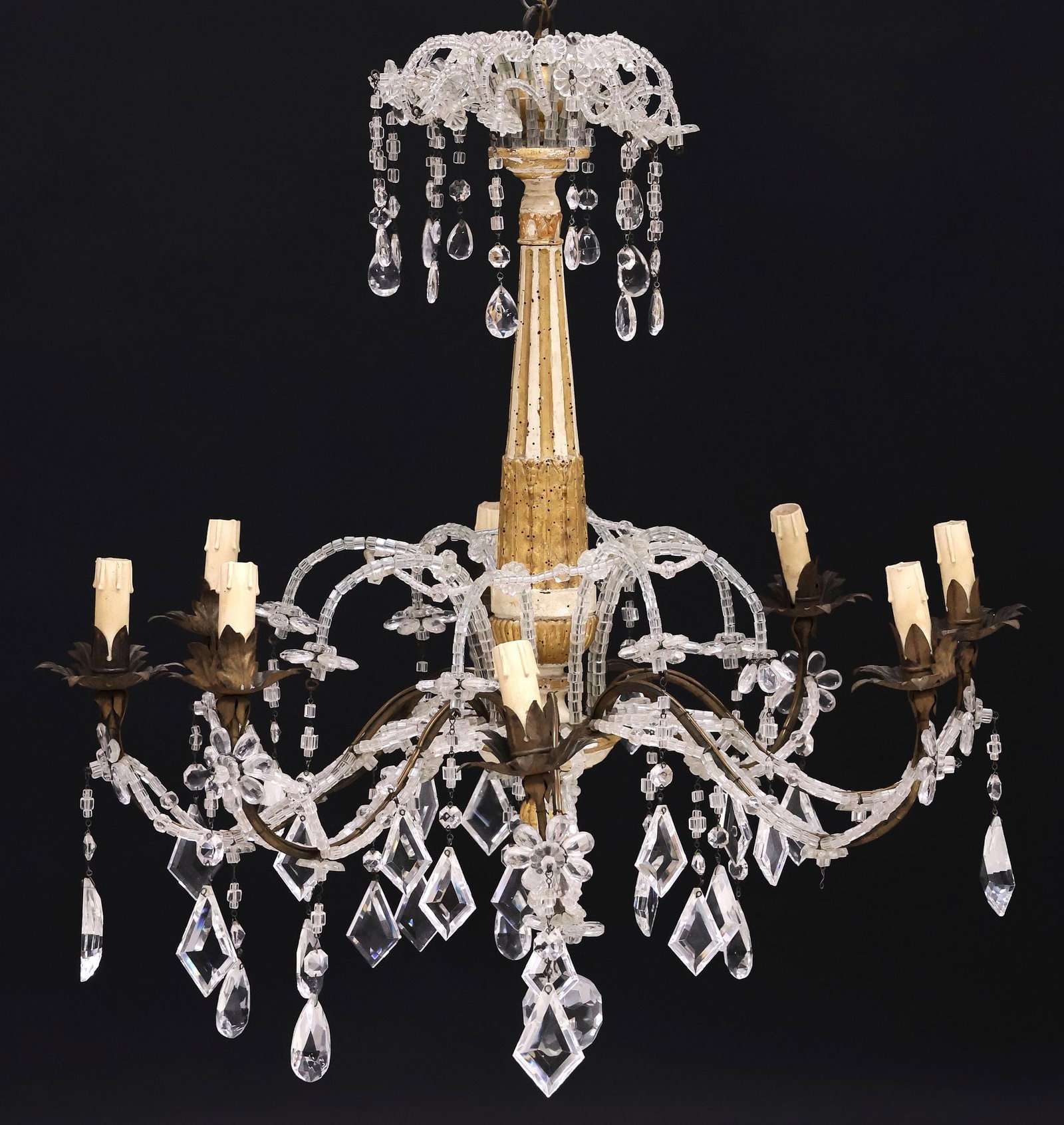 ITALIAN PARCEL-GILT PAINTED & CRYSTAL-BEADED 8-LT CHANDELIER: Italian parcel-gilt and paint-decorated eight-light chandelier, early 20th c., fluted central standard issuing crystal-beaded appendages hung with molded florals and faceted drops, scrolled patinated 