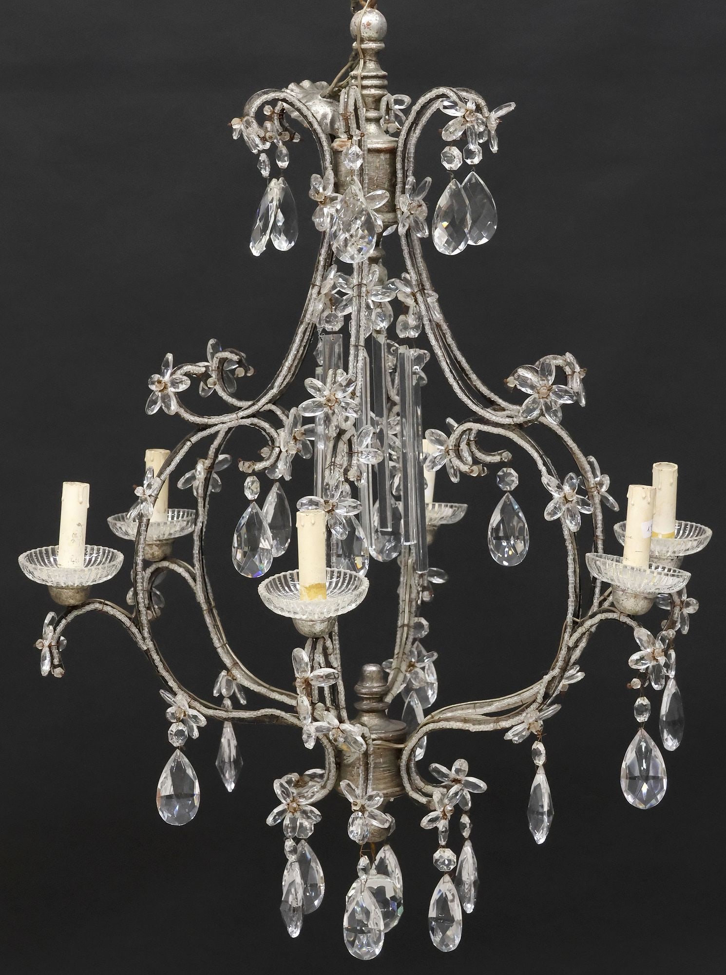 ITALIAN PARCEL-GILT IRON & CRYSTAL BEADED 6-LIGHT CHANDELIER (1 of 3)
