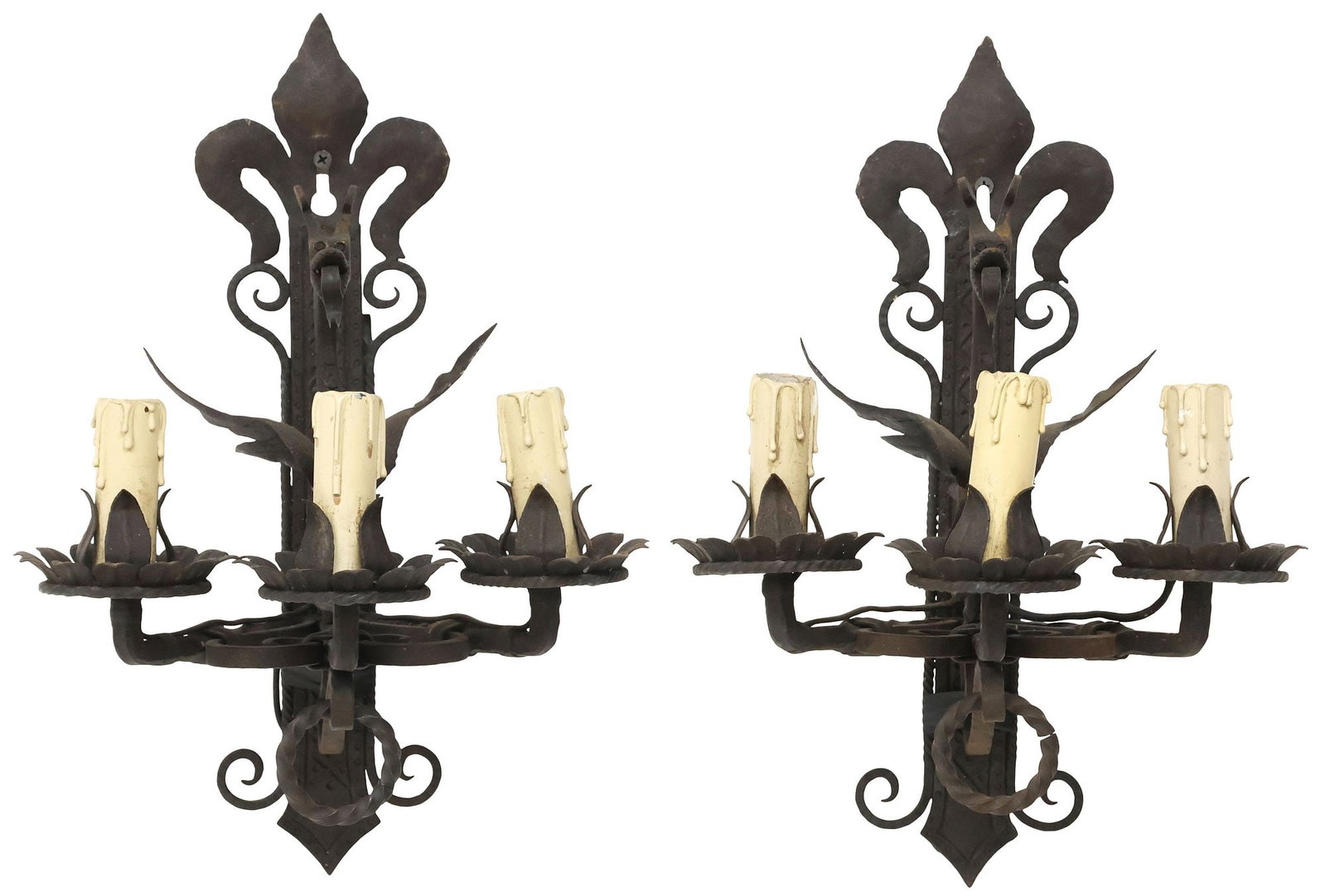(2) MANNER OF ANTONIO GAUDI WROUGHT IRON 3-LIGHT WALL SCONCES (1 of 3)