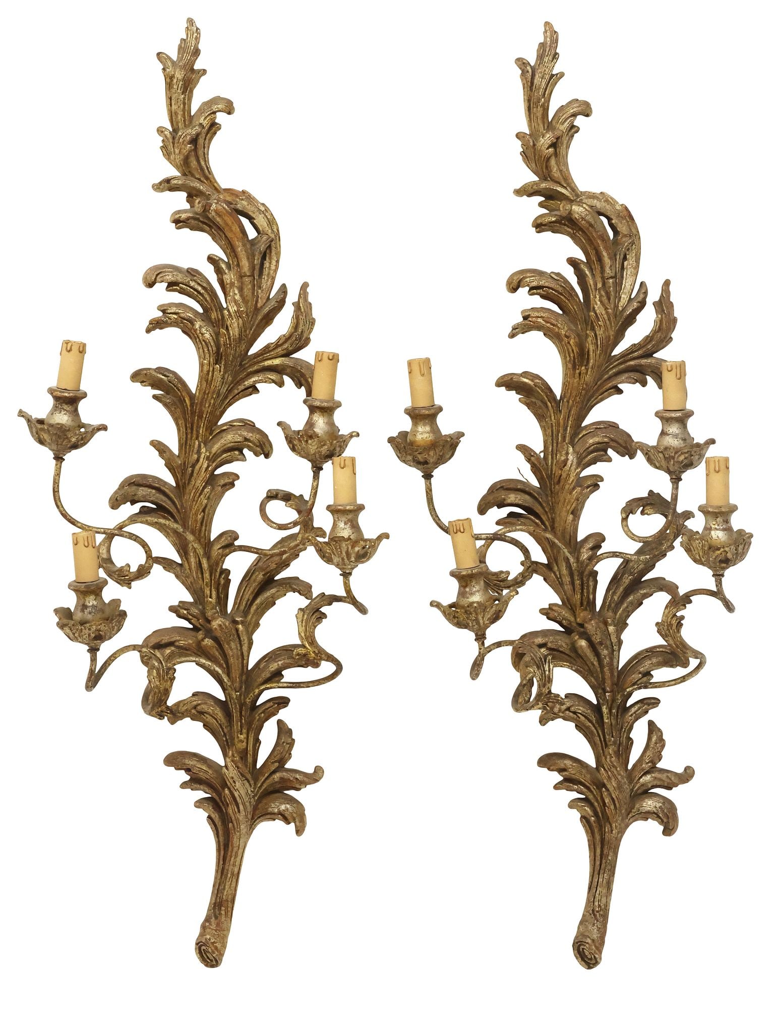 (2) LOUIS XV STYLE SILVER GILT WOOD 4-LIGHT WALL SCONCES, 41.5"H (1 of 3)