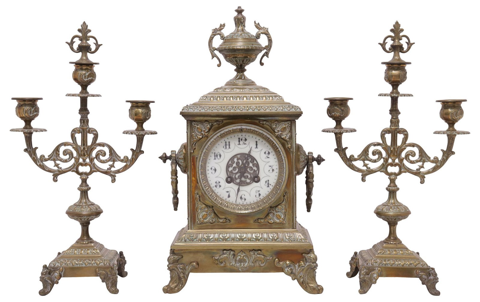 (3) FRENCH LOUIS XVI STYLE GILT-BRASS MANTEL CLOCK & GARNITURE SET (1 of 6)