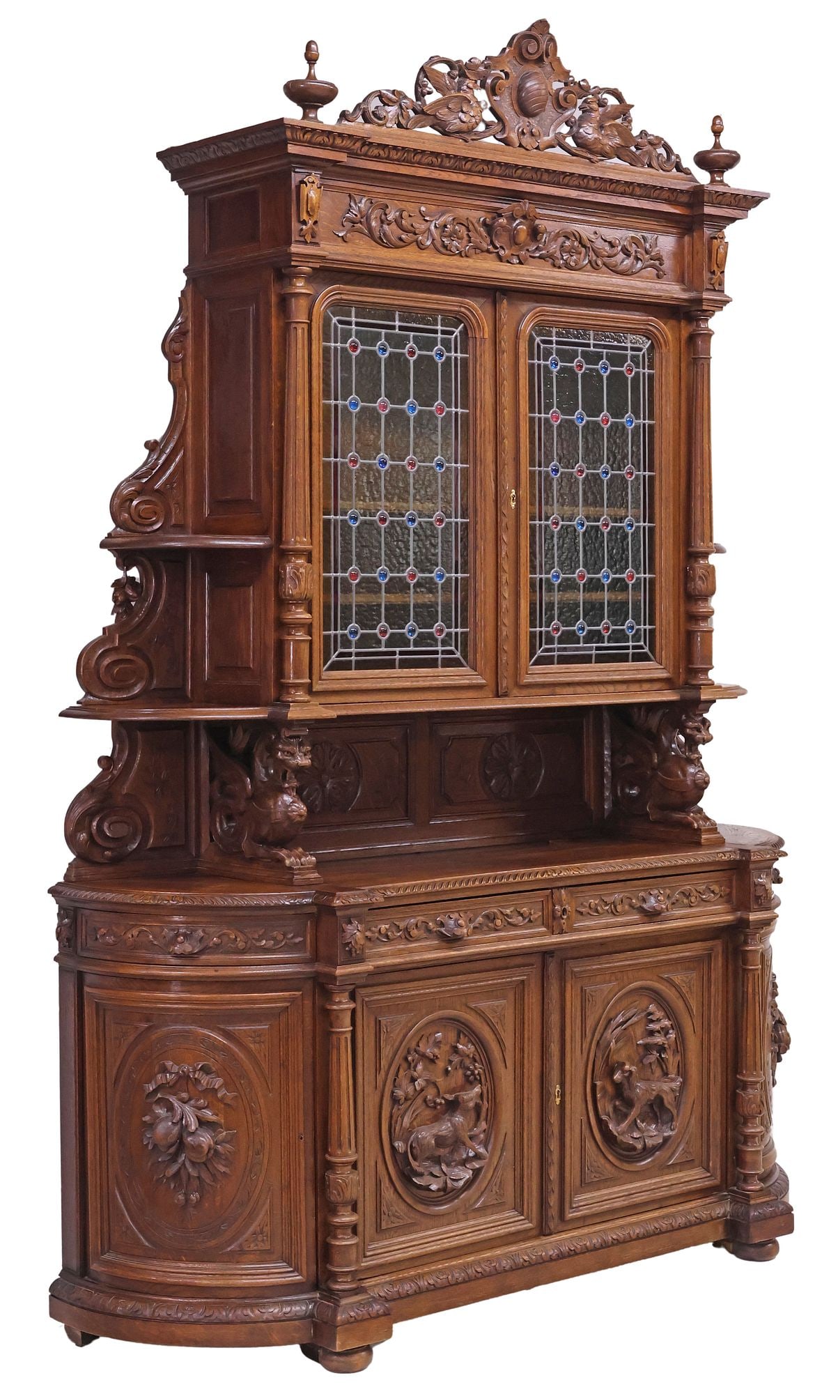 LARGE FRENCH HENRI II STYLE CARVED OAK & STAINED GLASS SIDEBOARD (1 of 11)