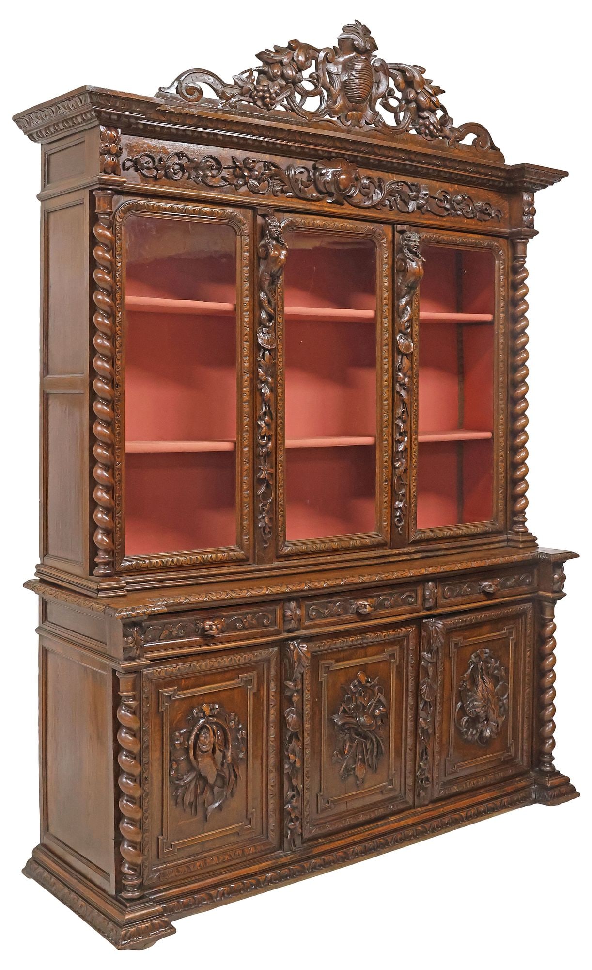 FRENCH HENRI II STYLE CARVED OAK 'HUNT' STEPBACK BOOKCASE, 112.5"H (1 of 8)