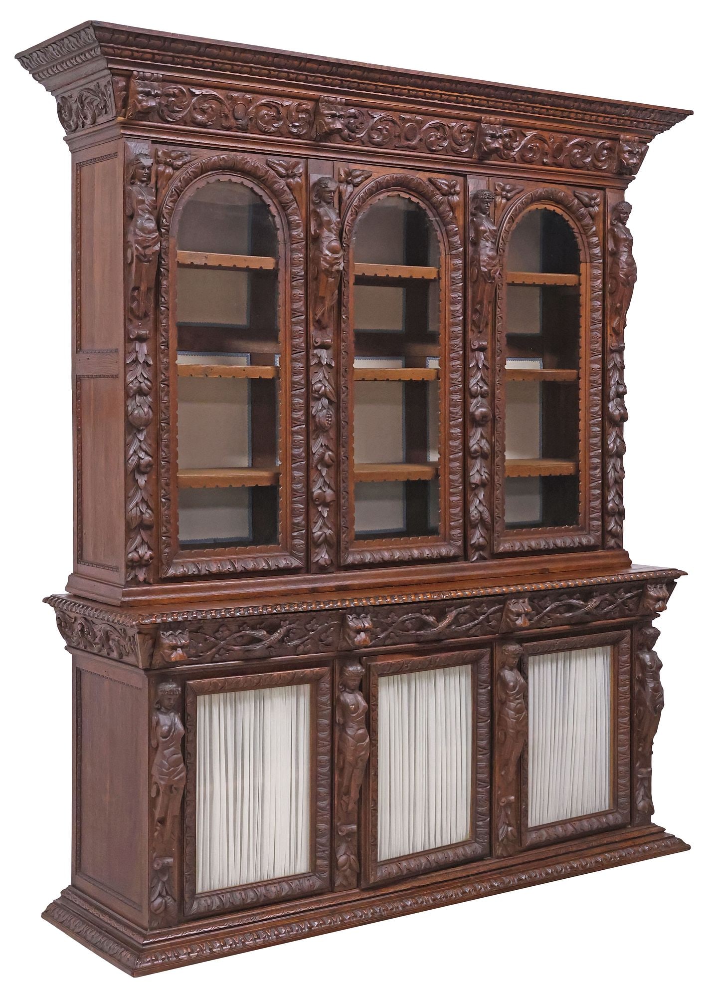 FRENCH HENRI II STYLE CARVED OAK FIGURAL DISPLAY BOOKCASE, 102.5"H (1 of 7)