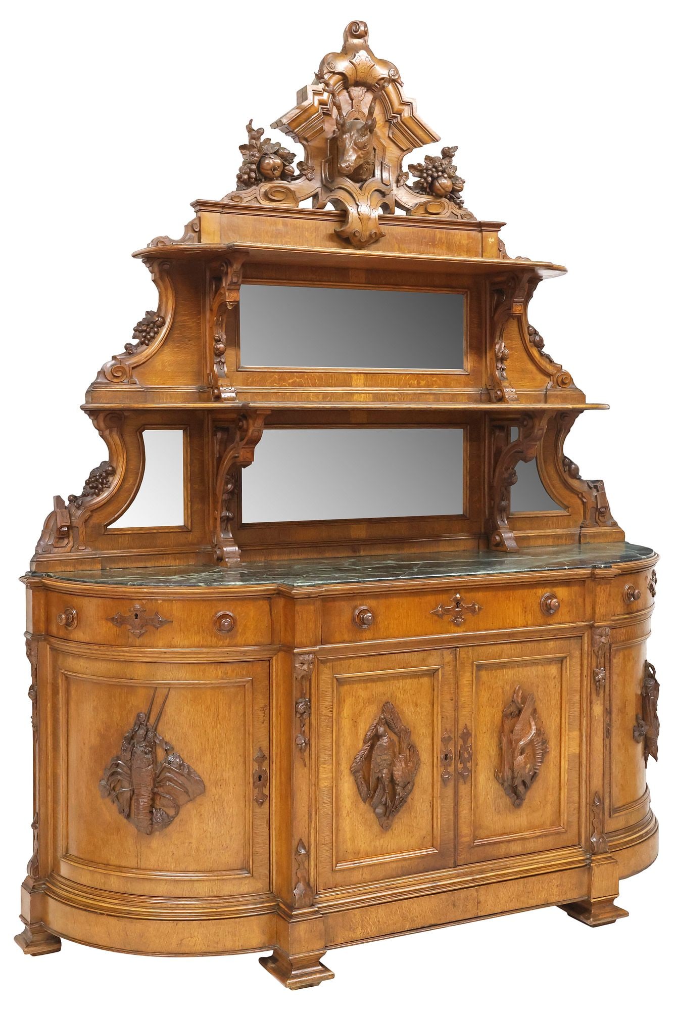 FRENCH HENRI II STYLE MARBLE-TOP CARVED OAK MIRRORED HUNT SERVER (1 of 10)