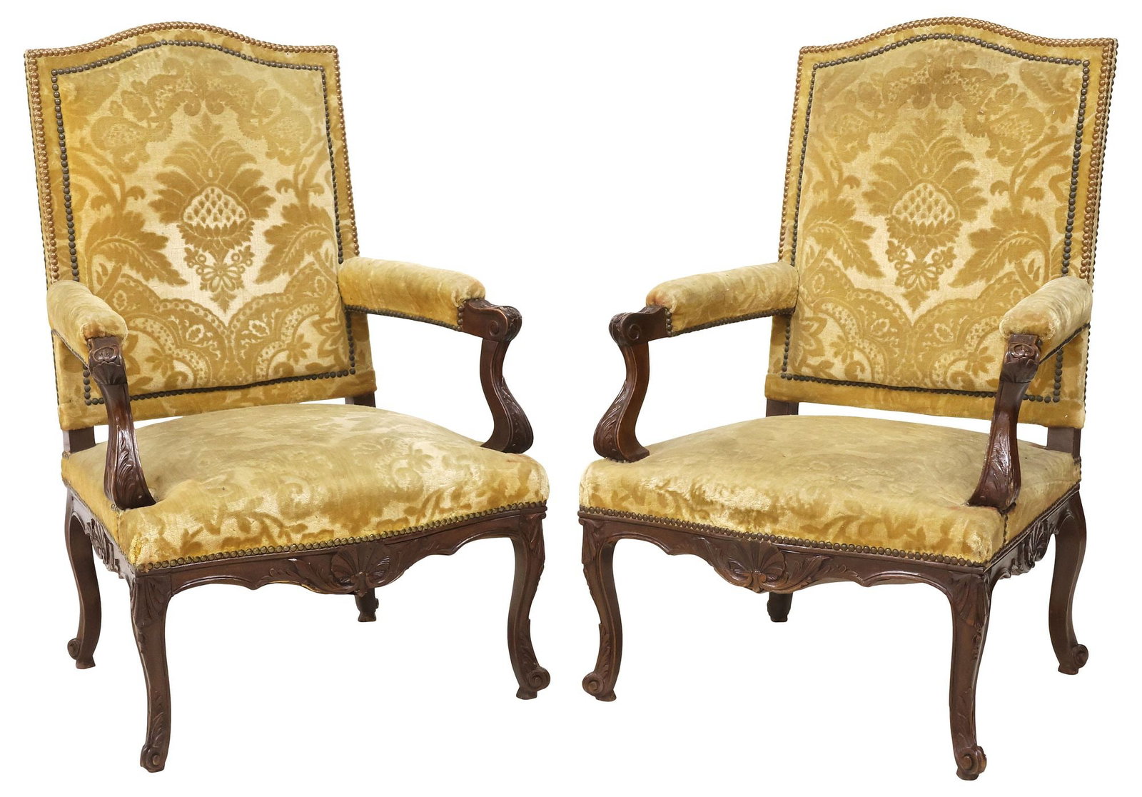 (2) FRENCH LOUIS XV STYLE UPHOLSTERED WALNUT ARMCHAIRS / FAUTEUILS (1 of 4)