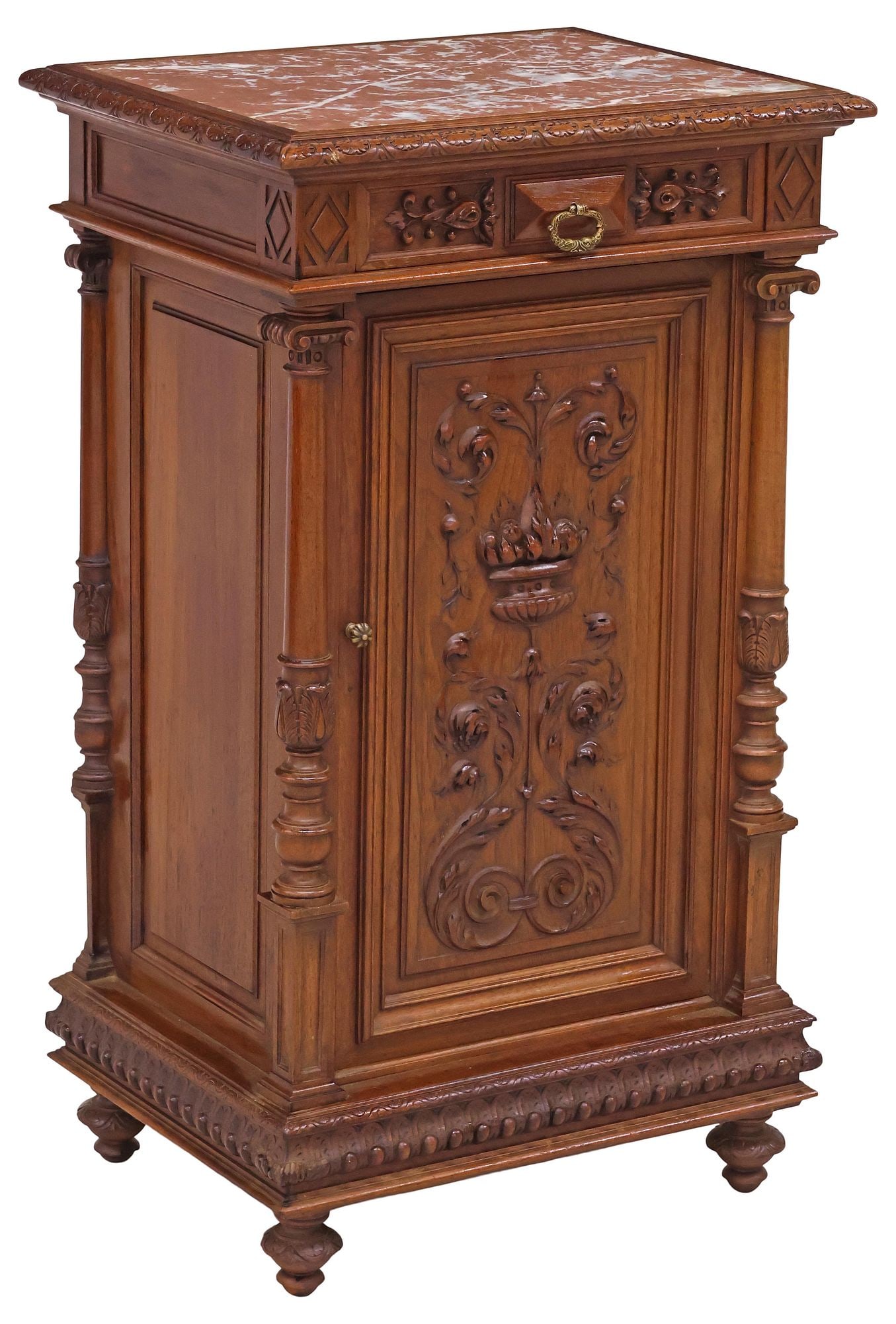 FINE RAISON-RENOUVIN (ATTRIB.) HENRI II STYLE MARBLE-TOP OAK NIGHTSTAND (1 of 5)