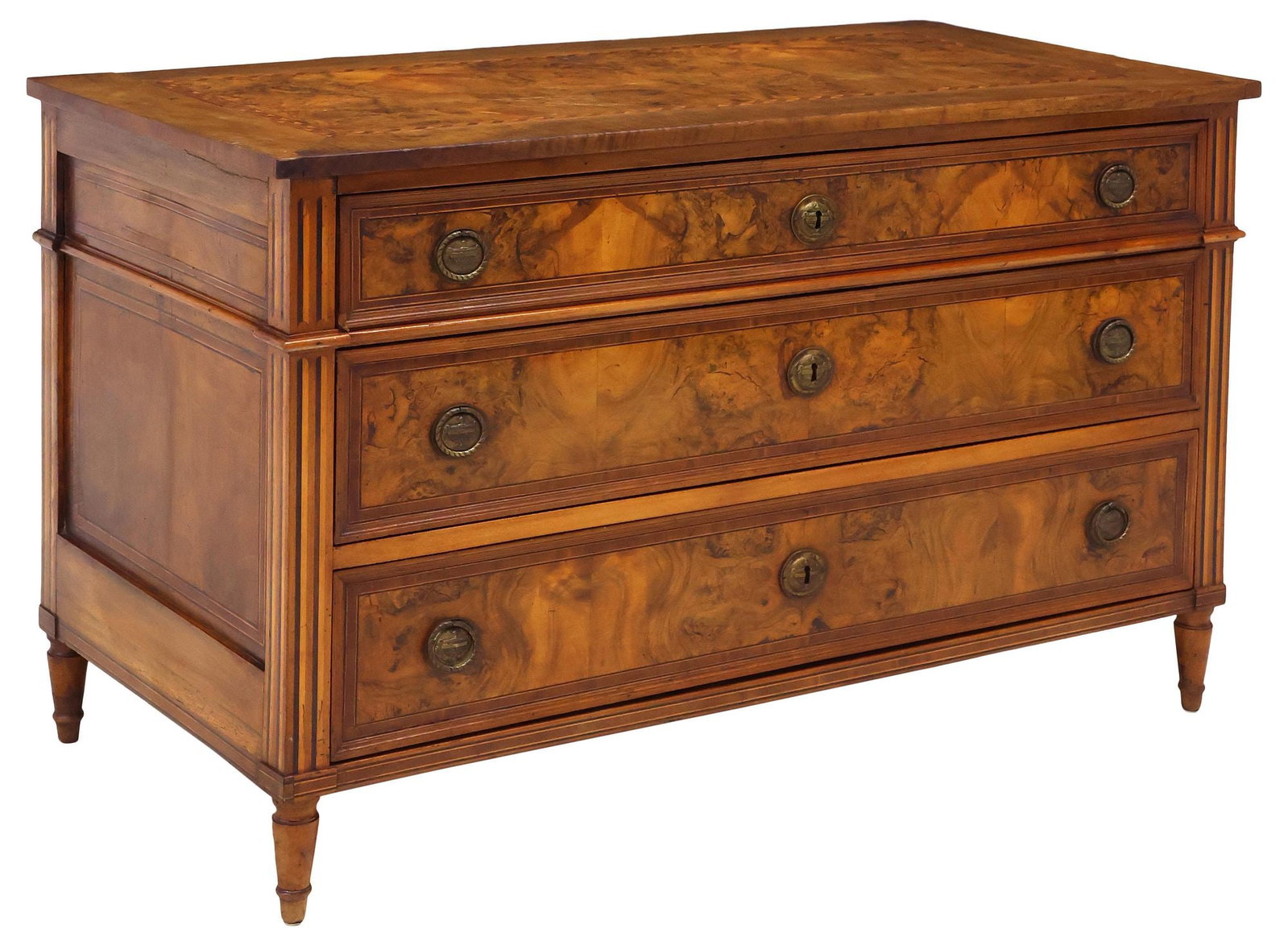 FRENCH NEOCLASSICAL STYLE INLAID BURLED WALNUT LOW COMMODE (1 of 5)