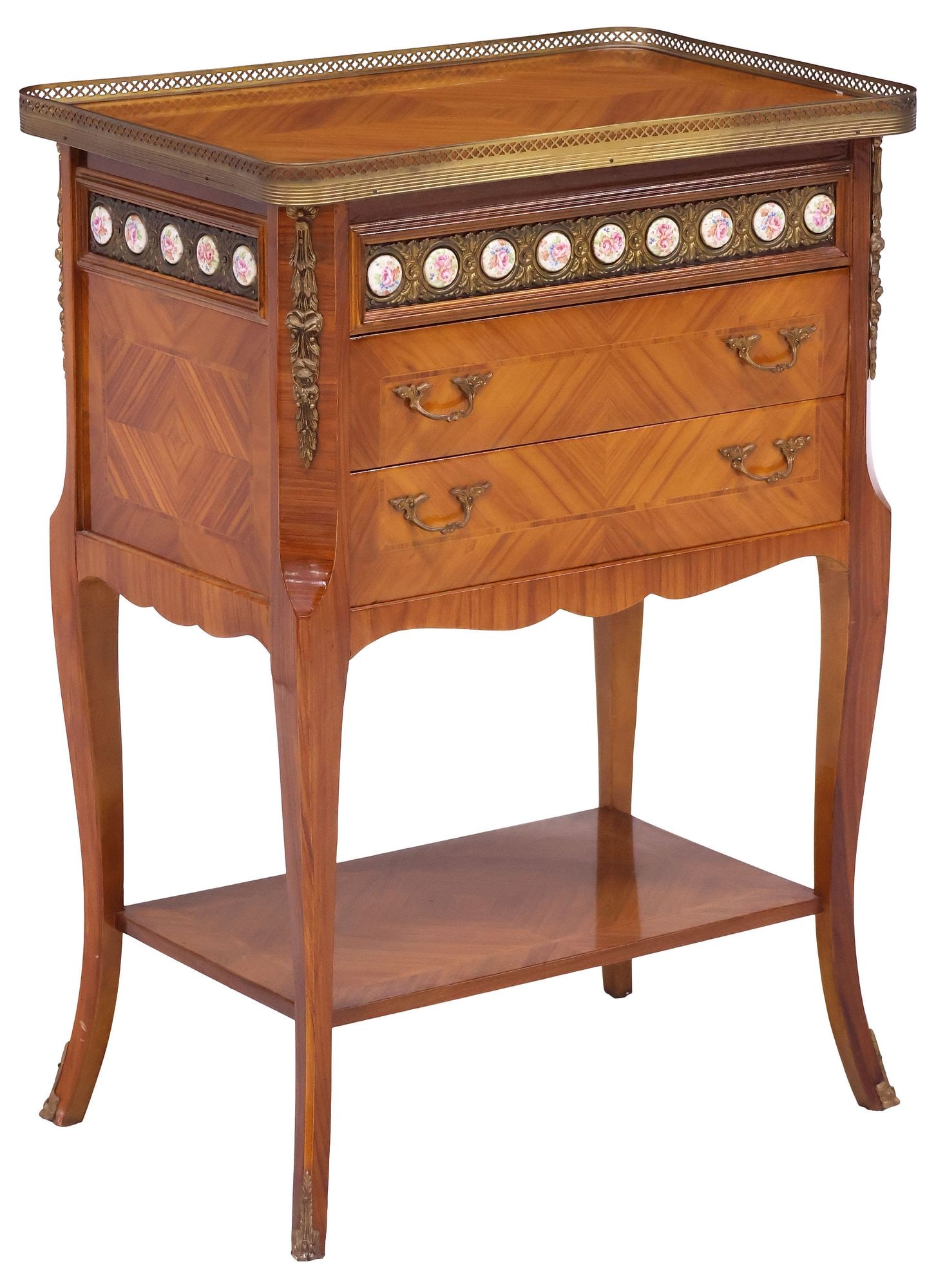 FRENCH LOUIS XV STYLE PORCELAIN MOUNTED MATCHED VENEER NIGHTSTAND: Louis XV-style matched veneer nightstand, 20th c., pierced gallery over enclosing rectangular top with rounded edges, gilt-metal mounts with floral porcelain roundels over two drawers, medial shelf, r