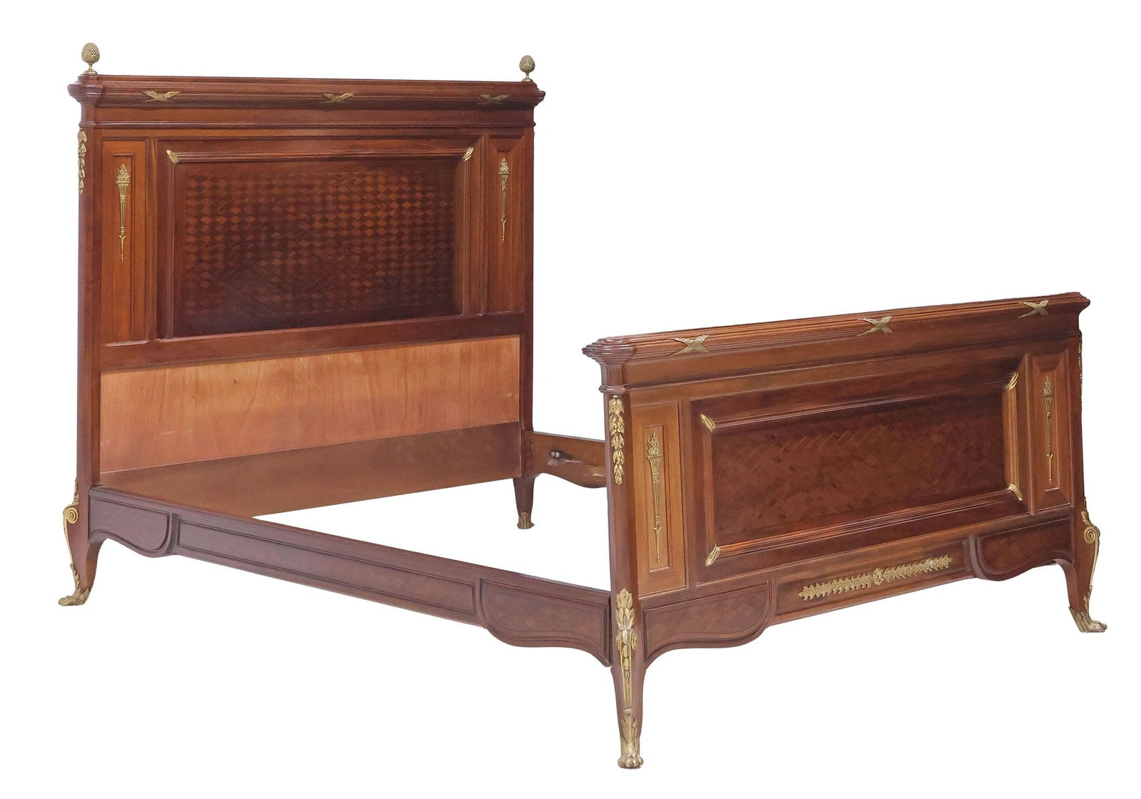 FRENCH LOUIS XV STYLE BRONZE-MOUNTED & PARQUETRY-INLAID MAHOGANY BED (1 of 3)