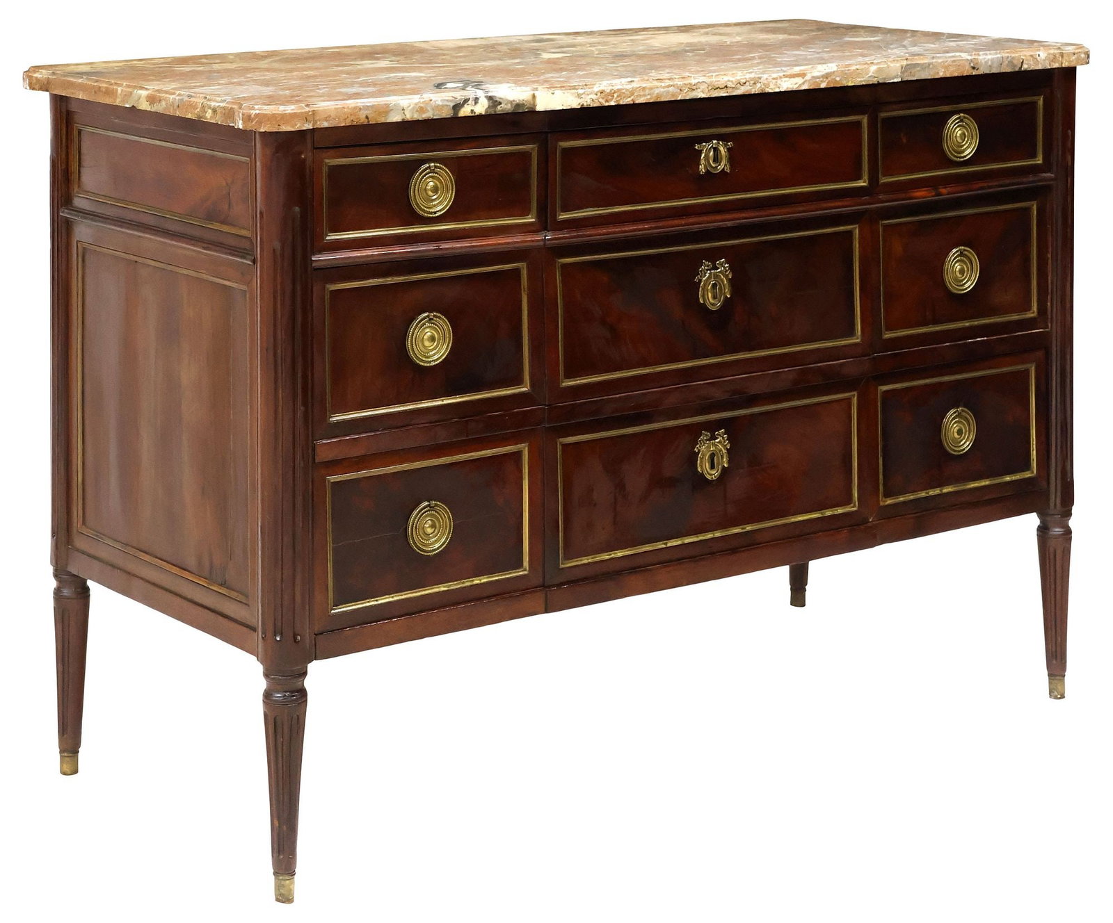 FRENCH LOUIS XVI STYLE MARBLE-TOP FIGURED MAHOGANY COMMODE (1 of 5)