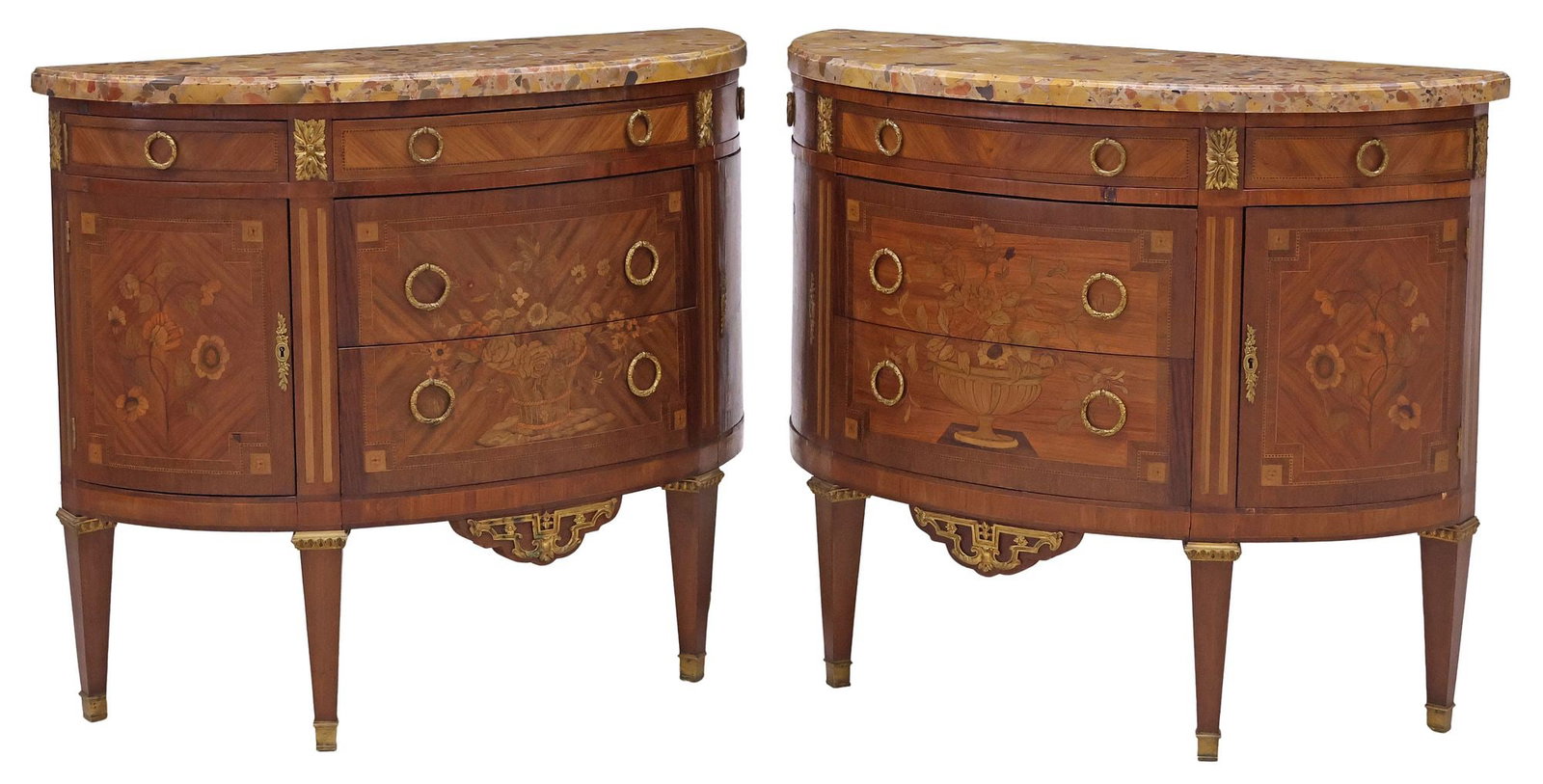 (2) FRENCH TRANSITIONAL STYLE MARBLE-TOP INLAID DEMILUNE COMMODES (1 of 9)