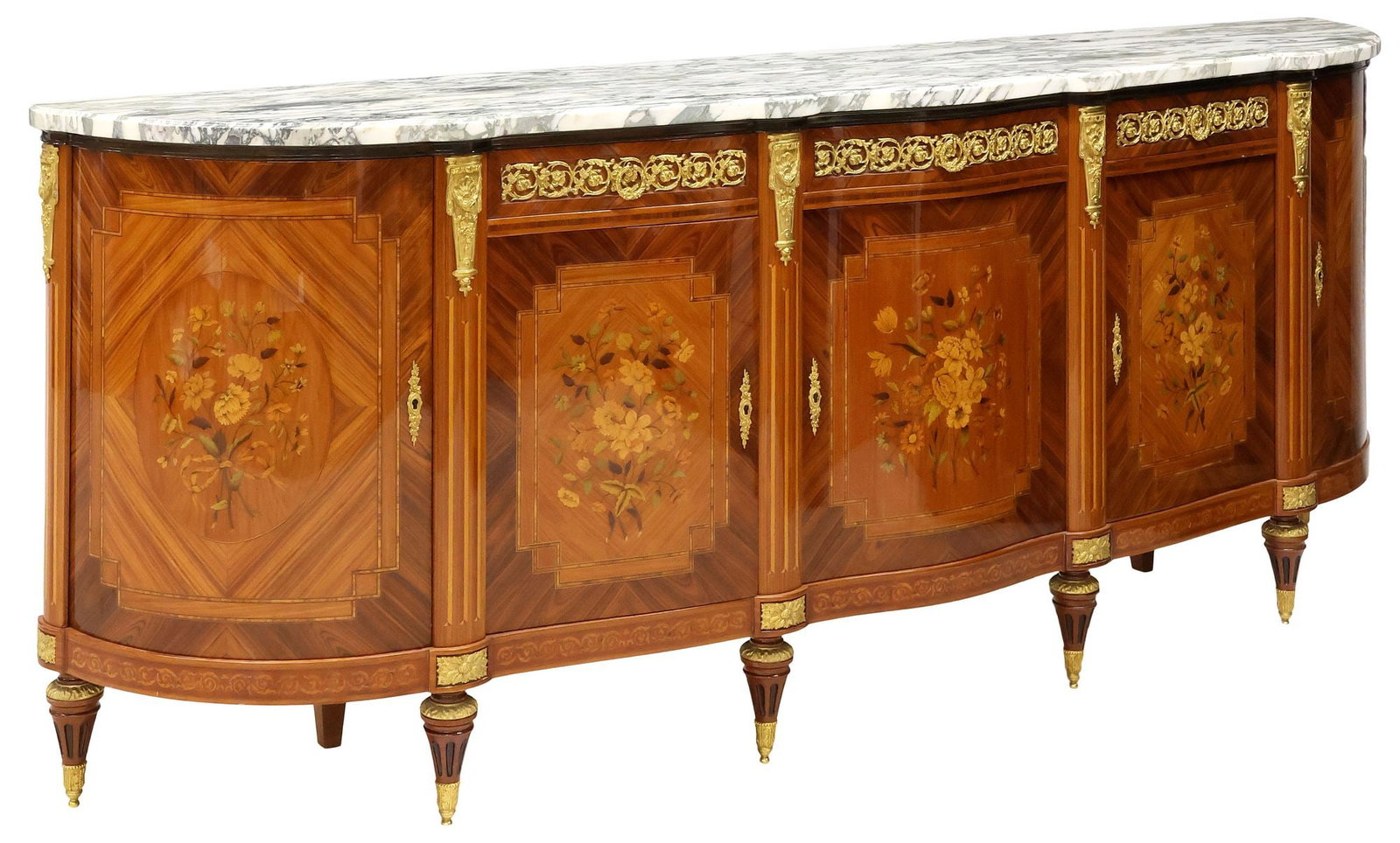FRENCH LOUIS XVI STYLE MARBLE-TOP LACQUERED MARQUETRY SIDEBOARD, 103"L (1 of 8)