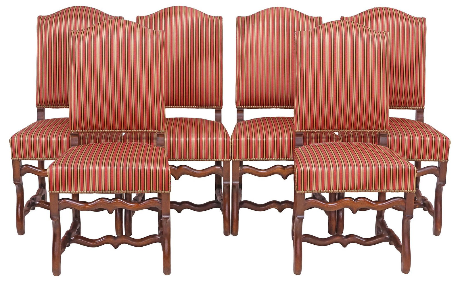 (6) FRENCH LOUIS XIV STYLE UPHOLSTERED WALNUT DINING CHAIRS: (lot of 6) French Louis XIV style walnut dining chairs, 20th c., padded back and seat in a striped jacquard upholstery, with nail-head trim, on stretcher-joined volute supports, approx 39"h, 20"w, 18.