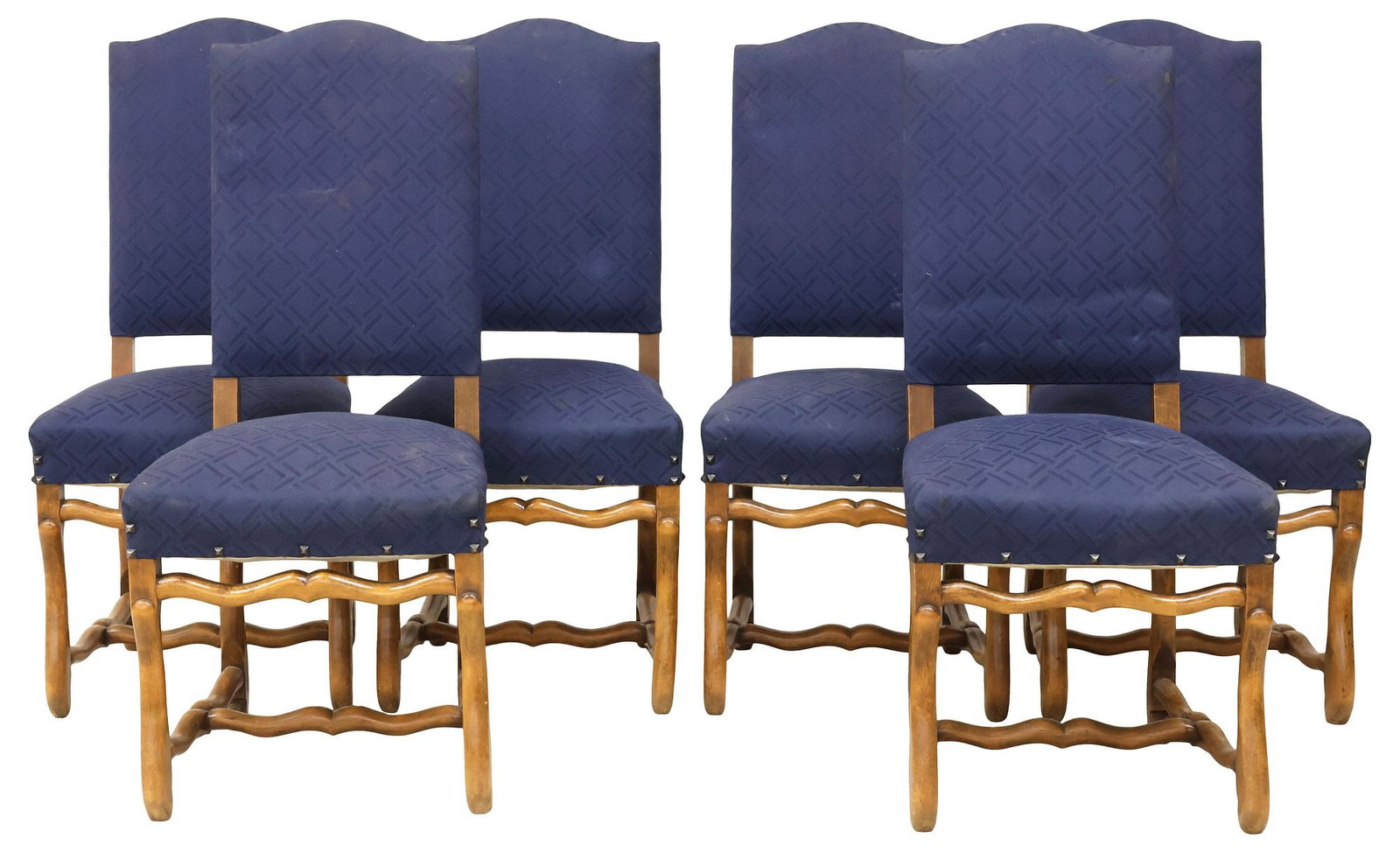 (6) FRENCH LOUIS XIV STYLE UPHOLSTERED WALNUT DINING CHAIRS: (lot of 6) French Louis XIV style walnut highback dining chairs, early 20th c. each in navy blue patterned fabric upholstery, with raised pyramidical nail-head trim, rising on stretcher-joined volute 