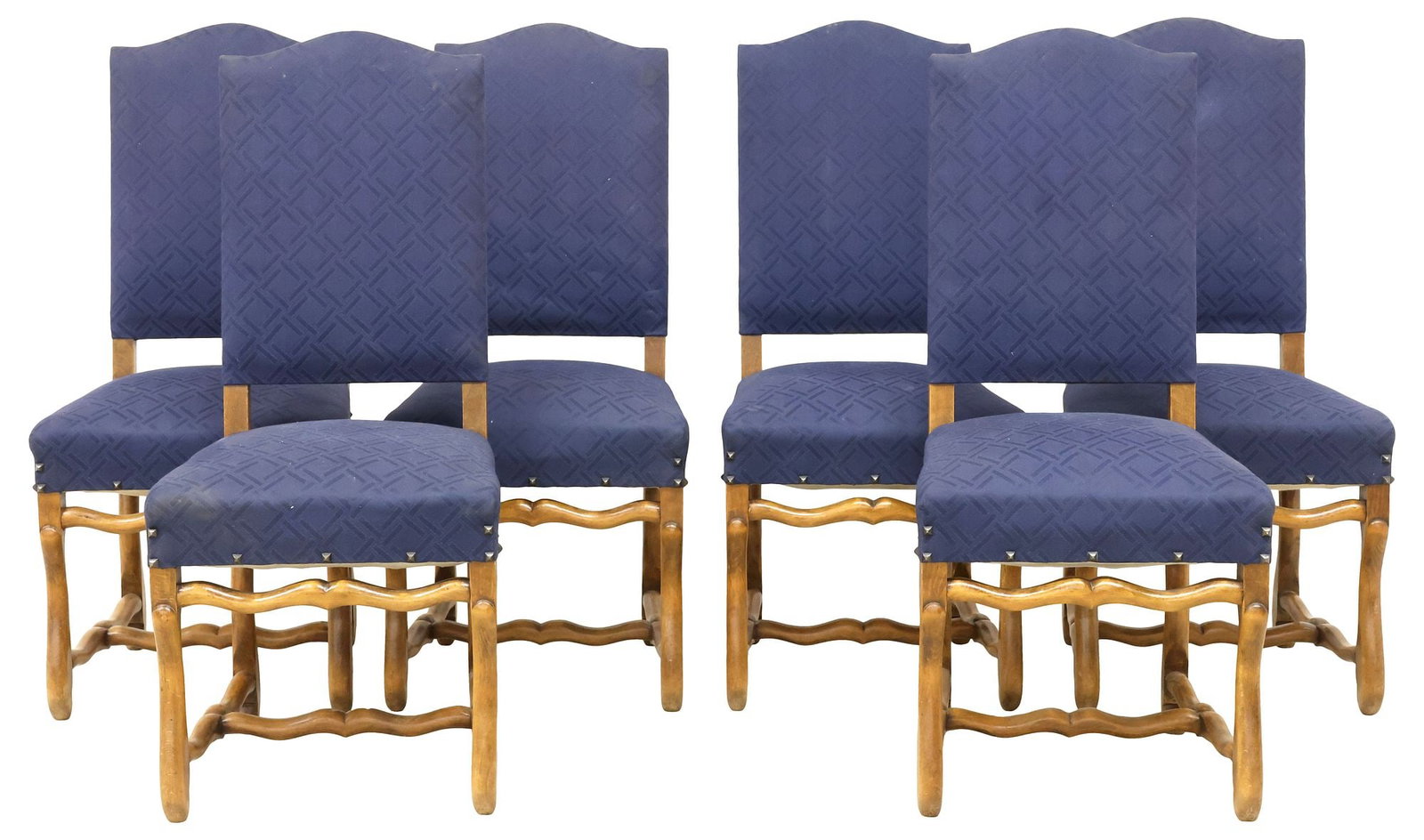 (6) FRENCH LOUIS XIV STYLE UPHOLSTERED WALNUT DINING CHAIRS: (lot of 6) French Louis XIV style walnut highback dining chairs, early 20th c. each in navy blue patterned fabric upholstery, with raised pyramidical nail-head trim, rising on stretcher-joined volute 