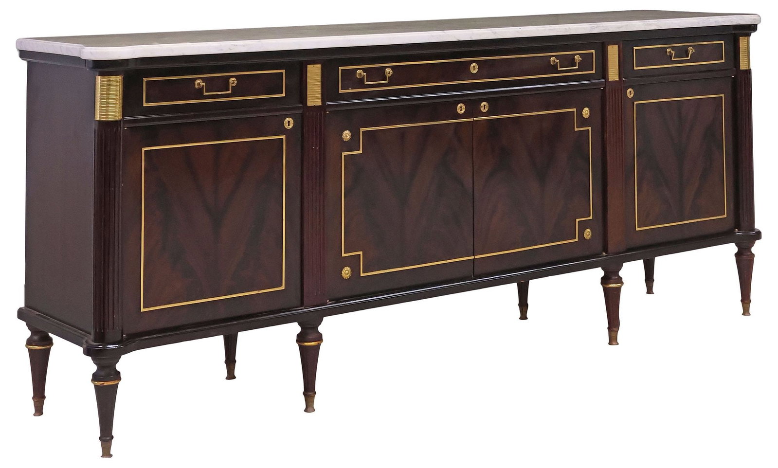 FRENCH LOUIS XVI STYLE MARBLE-TOP MAHOGANY SIDEBOARD: French Louis XVI style mahogany sideboard, 20th c., having shaped marble top, above three drawers and three cabinet doors with gilt trim, all cabinetry enclosing adjustable shelving, bar cabinet with 