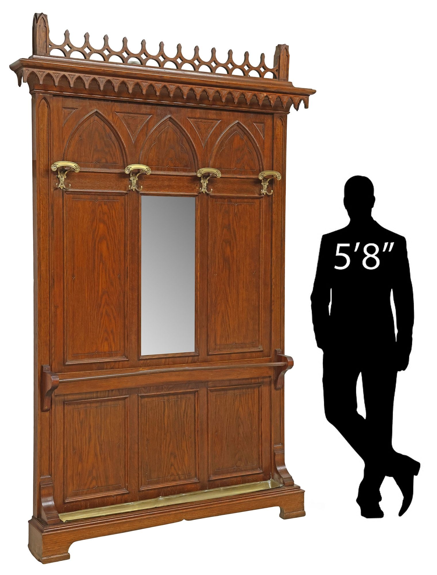 FRENCH GOTHIC REVIVAL CARVED & MIRRORED OAK HALL TREE, 99.25"H (1 of 7)