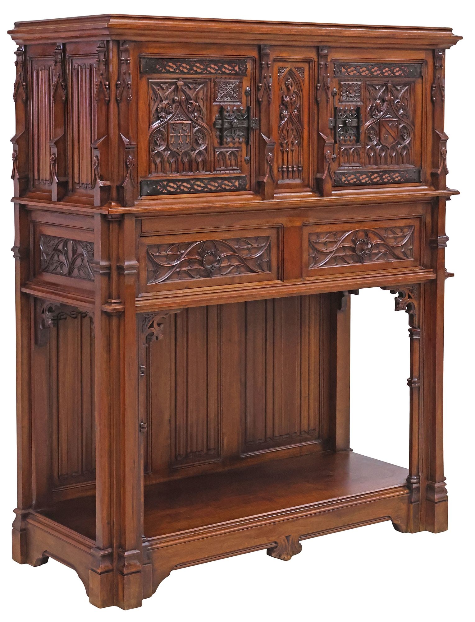 FRENCH GOTHIC REVIVAL CARVED WALNUT & WROUGHT IRON CABINET (1 of 7)