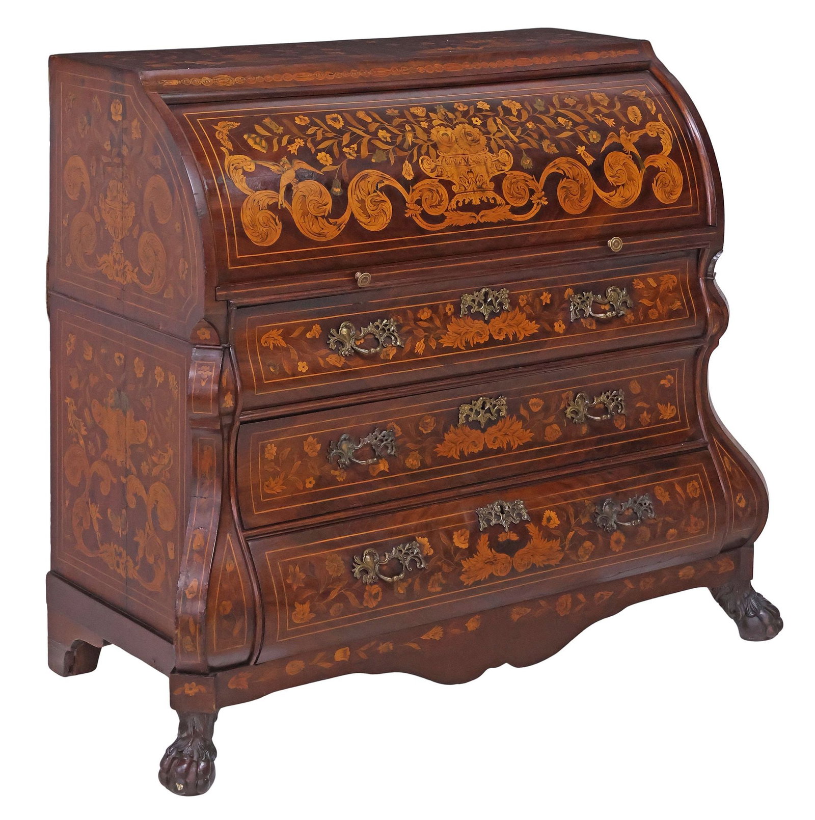 DUTCH MARQUETRY-INLAID BOMBE BUREAU / CYLINDER DESK (1 of 8)