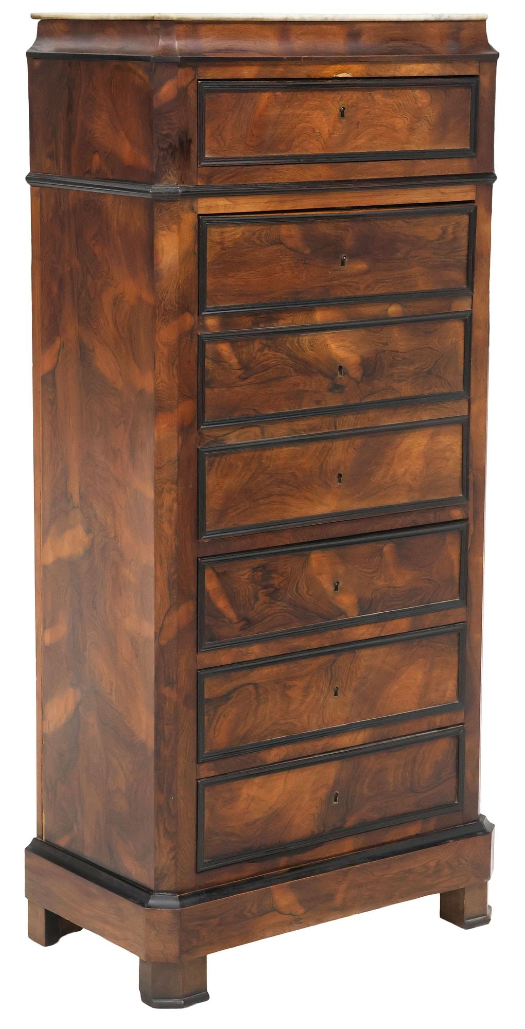 FRENCH CHARLES X PERIOD MARBLE-TOP WALNUT FALL-FRONT SECRETARY: French Restoration period figured walnut secretaire a abattant or escritoire, first half 19th c., canted marble top, over faux seven-drawer facade with ebonized trim, fitted with frieze drawer, over f