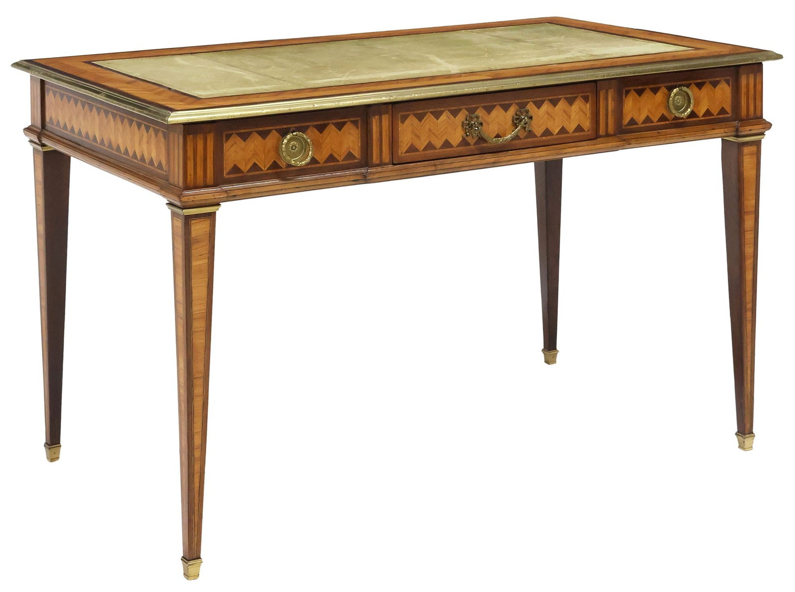 FRENCH NEOCLASSICAL STYLE PARQUETRY-INLAID LEATHER-TOP BUREAU PLAT (1 of 6)