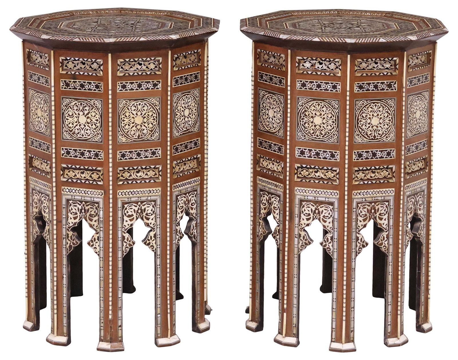 (2) MOORISH STYLE SHELL-INLAID DECAGONAL SIDE TABLES: (pair) Moorish style decagonal side tables, with mosaic mother-of-pearl inlay, approx 30.5"h, 29 1/8"diam **Provenance: the curated collection of a long-time Austin, Texas designer**