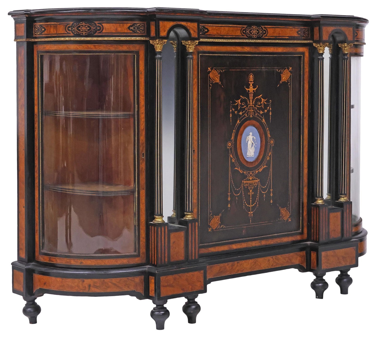 FINE ENGLISH VICTORIAN LACQUERED & INLAID BURLWOOD CREDENZA / DISPLAY CABINET (1 of 6)