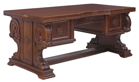 LARGE SPANISH RENAISSANCE REVIVAL CARVED OAK PEDESTAL DESK