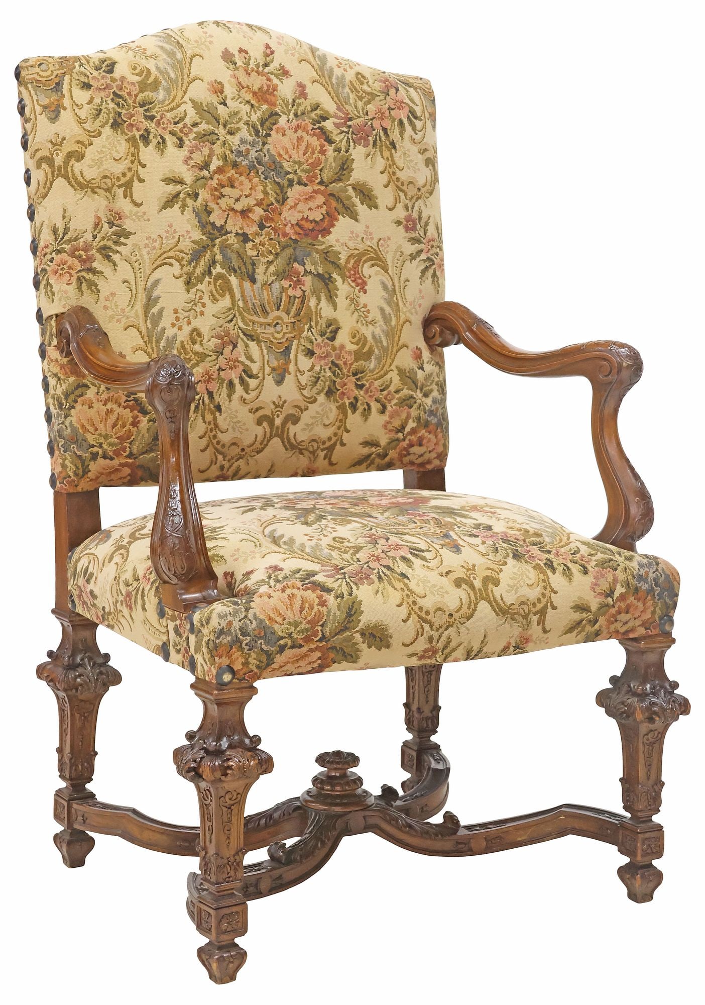 FRENCH LOUIS XIV STYLE UPHOLSTERED & CARVED WALNUT ARMCHAIR (1 of 4)