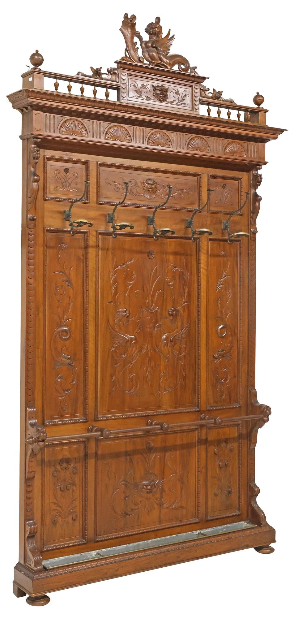 ITALIAN RENAISSANCE REVIVAL CARVED WALNUT HALL TREE, 116.5"H (1 of 7)
