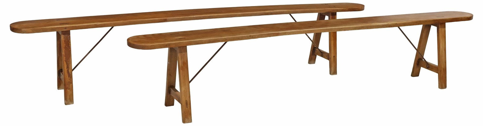 (2) FRENCH PROVINCIAL OAK TRESTLE-SUPPORT BENCHES, 98.5"L: (pair) French Provincial oak trestle benches, early 20th c., each having narrow plank seat, rising on stretcher-joined A-frame supports, with mortise and tenon joinery, approx 19"h, 98.5"l, 7.75"w