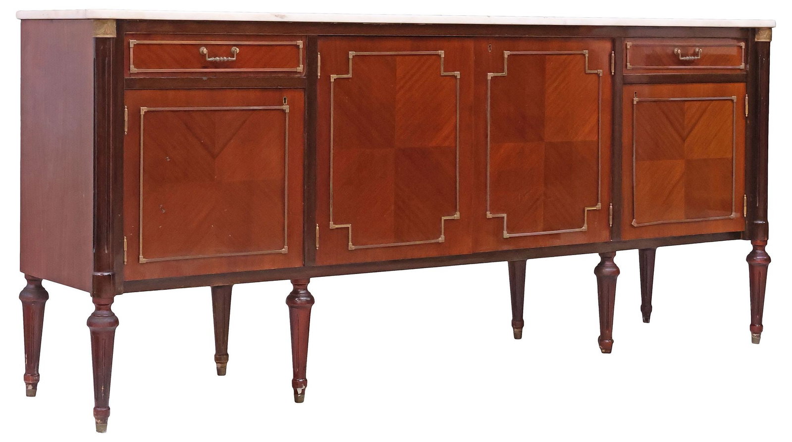 FRENCH LOUIS XVI STYLE MARBLE-TOP MAHOGANY SIDEBOARD: French Louis XVI style mahogany sideboard, 20th c., having shaped marble top, over four paneled cabinet doors on exterior hinges and two drawers, with patinated metal trim, all cabinetry enclosing fix