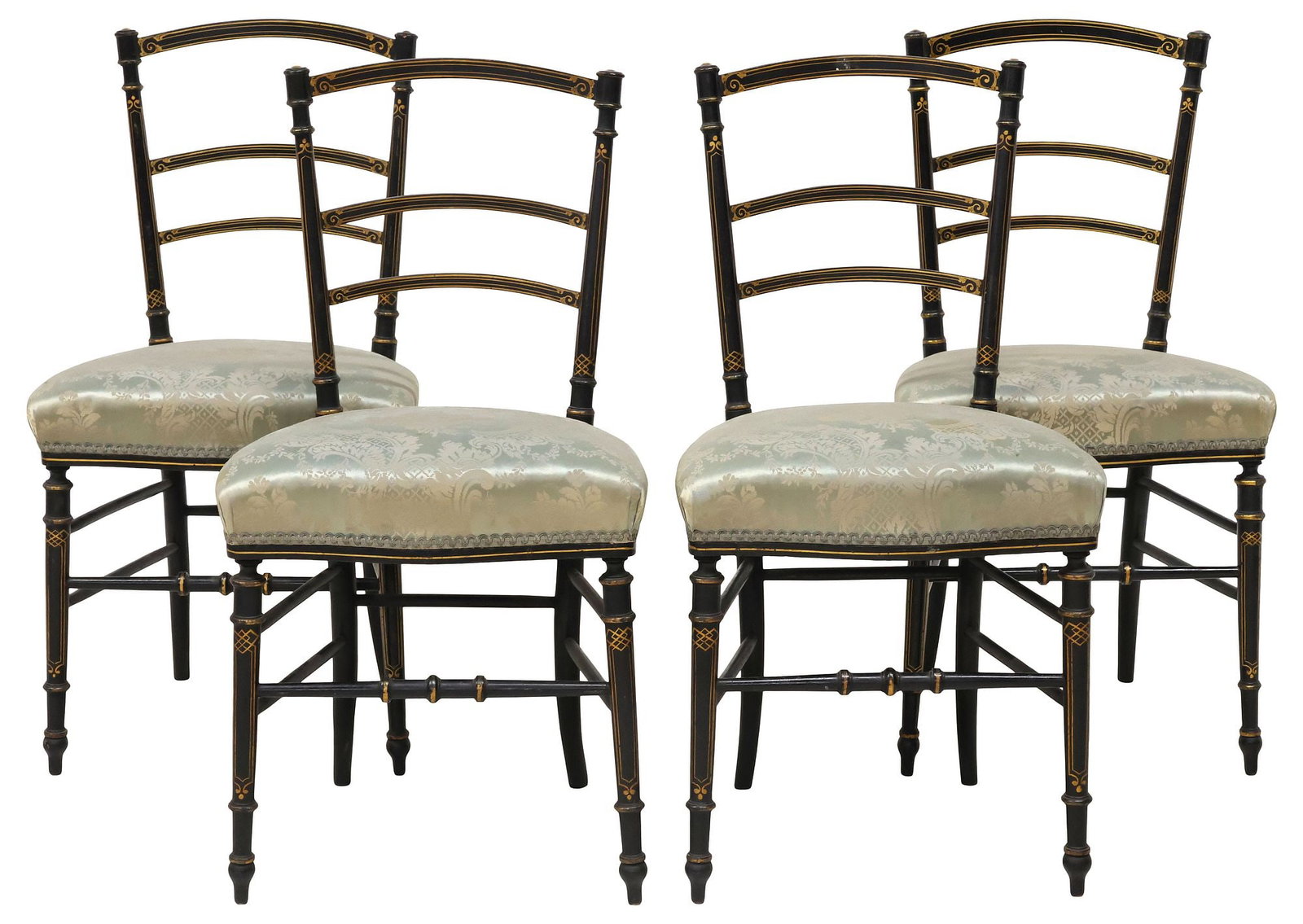 (4) FRENCH NAPOLEON III PERIOD SILK-UPHOLSTERED BLACK LACQUER CHAIRS: (lot of 4) French Napoleon III black lacquer side chairs, 19th c., laddered backs with parcel-gilt scrolling trim, over padded seat in a worn silk jacquard upholstery, with applique gimp braid trim, r