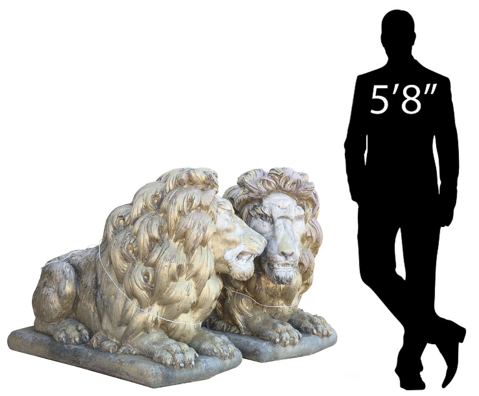 (2) MONUMENTAL CAST STONE GILT GARDEN FIGURES, RECUMBENT LIONS, 38"L (1 of 9)