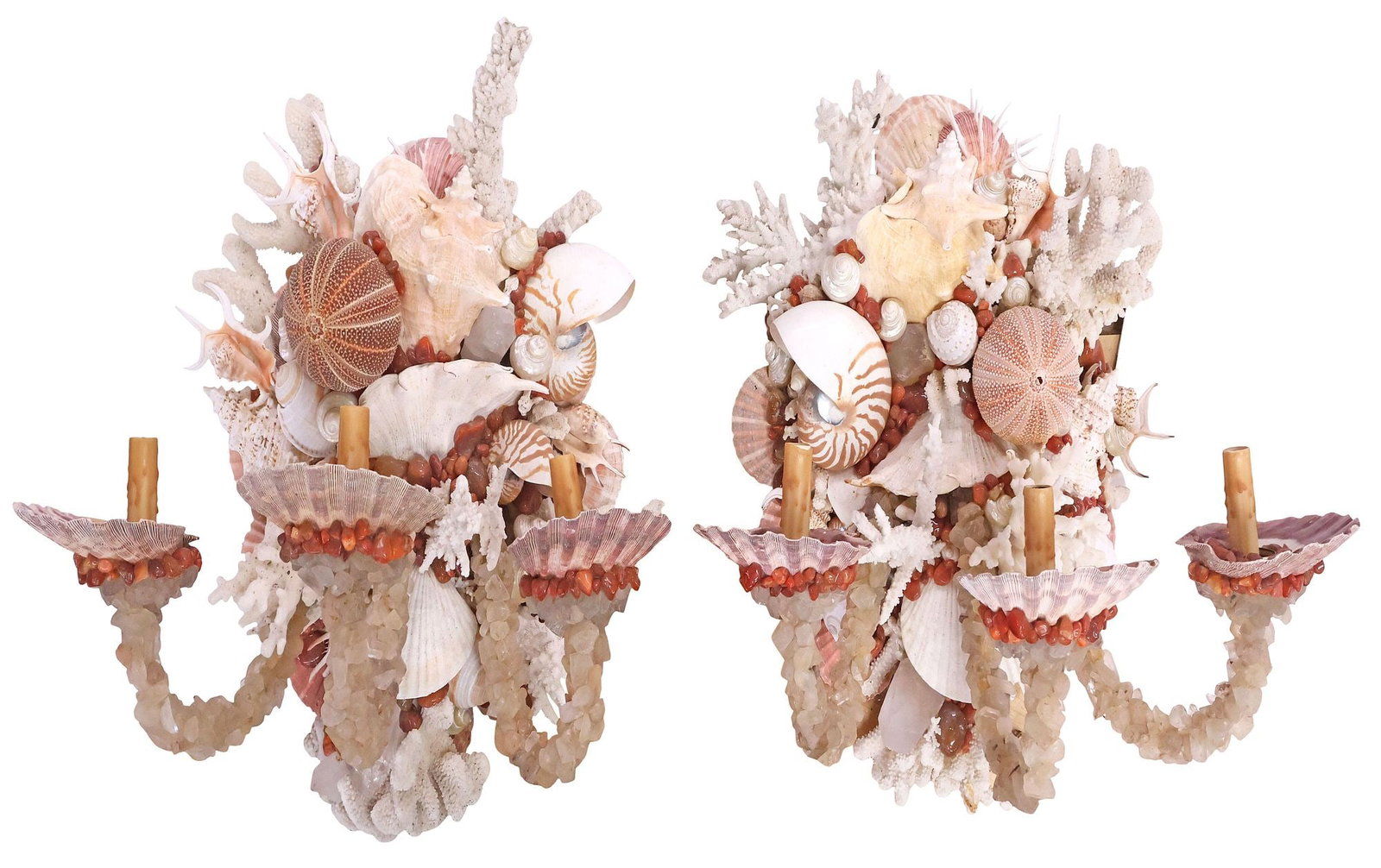 (2) LARGE EXCEPTIONAL 'GROTTO' STYLE SEASHELL & CRYSTAL ENCRUSTED 3-LT WALL SCONCES, 25"H (1 of 10)