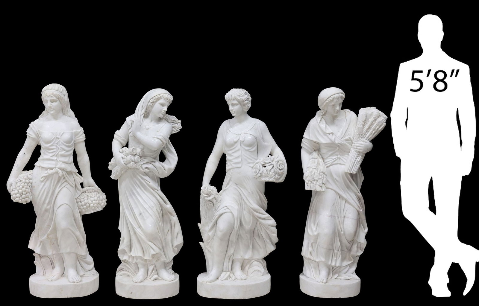 (4) CARVED MARBLE GARDEN STATUES, ALLEGORY OF THE FOUR SEASONS, 40"H (1 of 5)