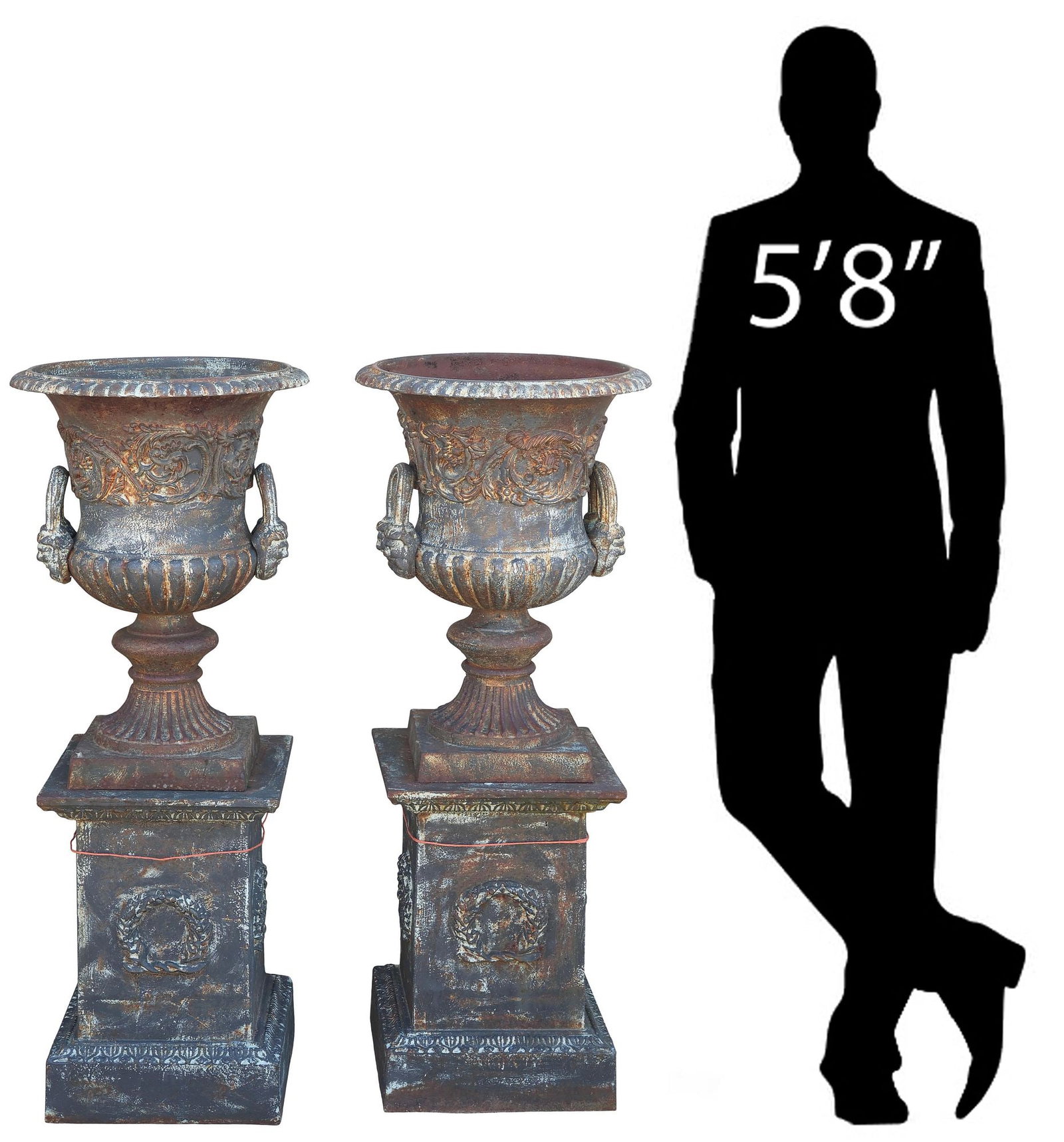 (2) ENGLISH CAST IRON CAMPANA-FORM GARDEN URNS ON PLINTHS, 44"H (1 of 5)