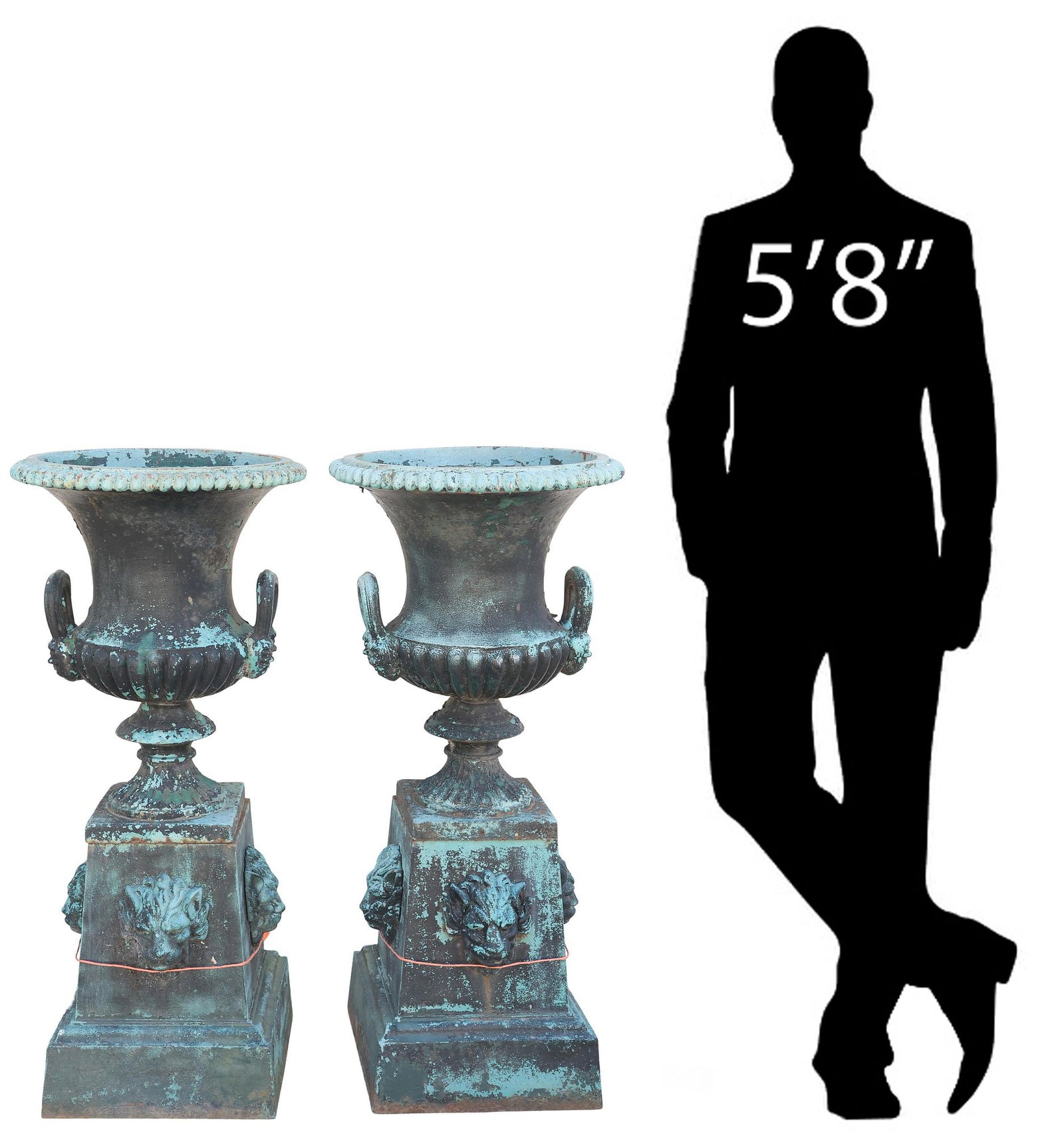 (2) ENGLISH CAST IRON CAMPANA-FORM GARDEN URNS ON PLINTHS, 39"H: (pair) English cast iron garden urns on plinths, early 20th c., each having flared rim, melon-ribbed body, over integral socle, rising on tapered plinths with lion head motifs, approx 39"h, 17.5"diam 