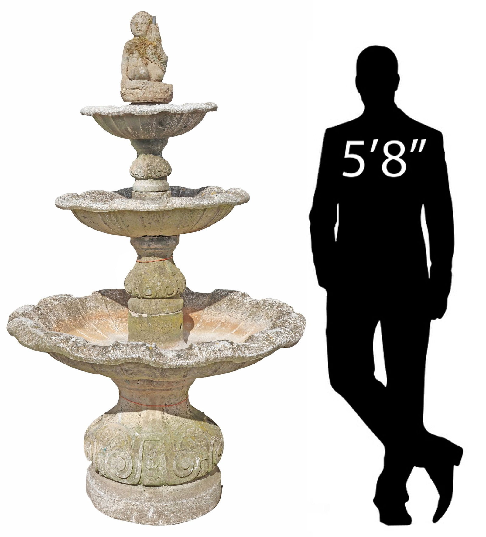 MONUMENTAL ENGLISH CAST STONE 3-TIER CHERUB GARDEN FOUNTAIN, 78"H: Monumental English cast stone garden fountain, having three graduated shell-shaped tiers, surmounted by a cherub, rising on bulbous scalloped base with scroll motifs, approx 78"h, 45.5"diam **Note: on